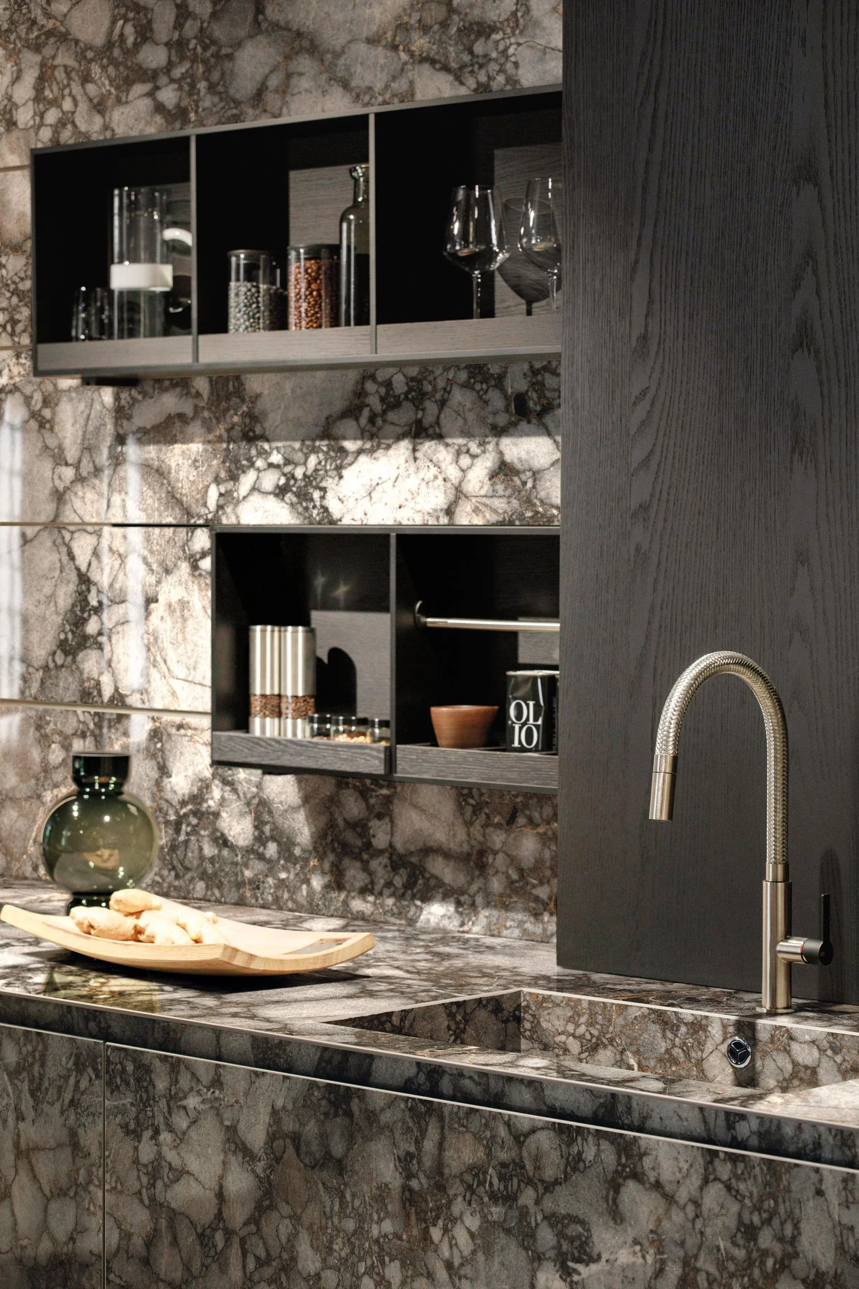 Modern kitchen featuring Florim Nature Mood Riverbed porcelain surfaces in a glossy finish, expertly supplied and installed by PietraCasa for a sophisticated look.