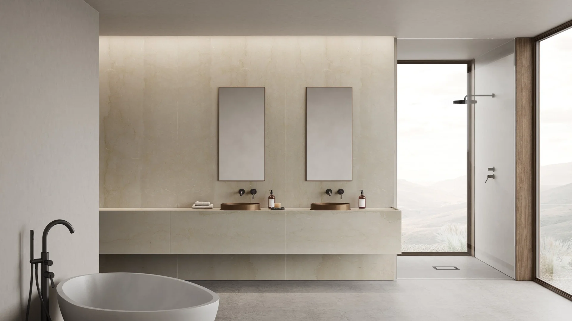 Minimalist luxury bathroom featuring fine beige Botticino Classico marble by Margraf, supplied by PietraCasa.