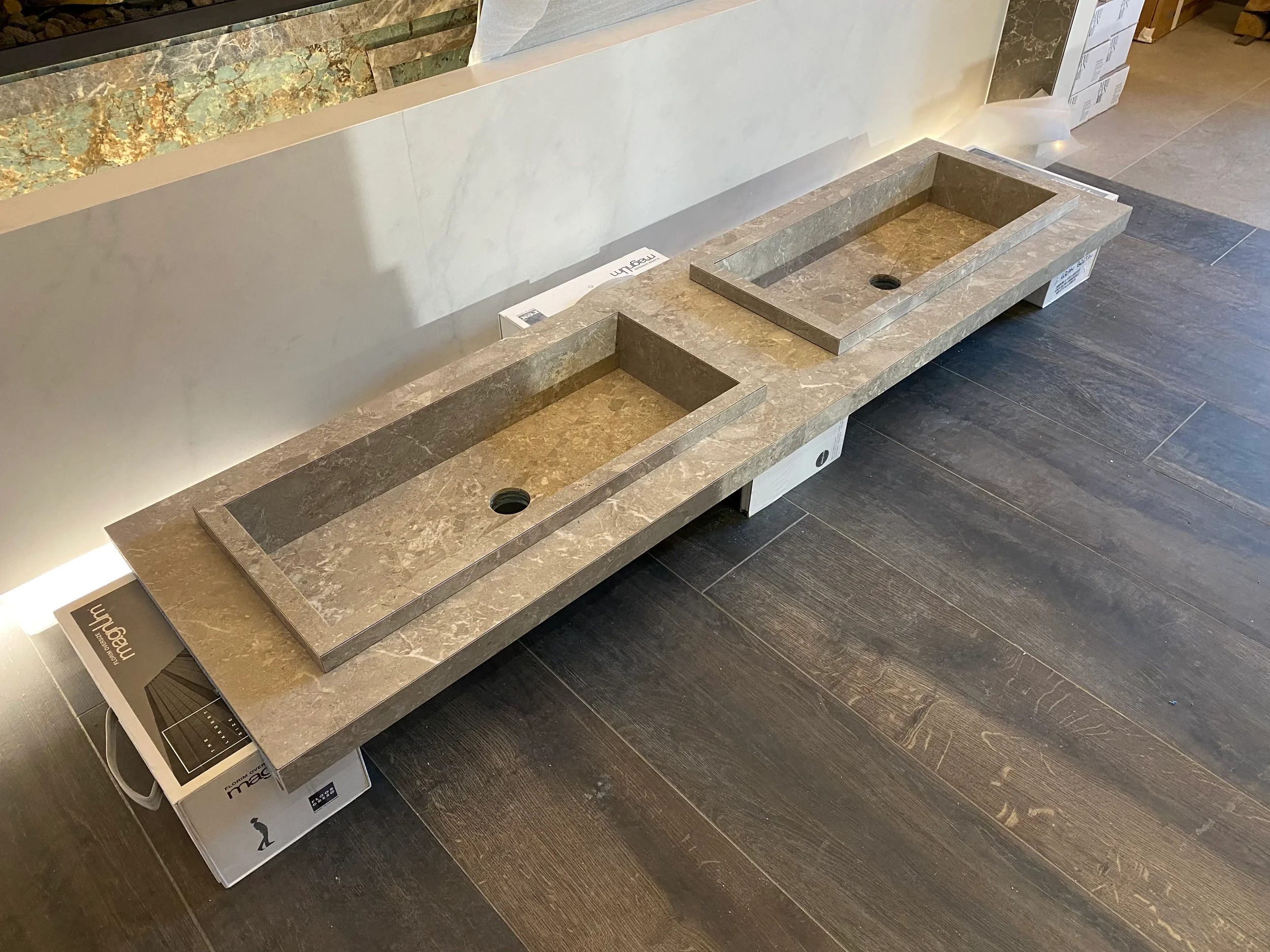 Custom double basin vanity unit fabricated from Florim porcelain slabs