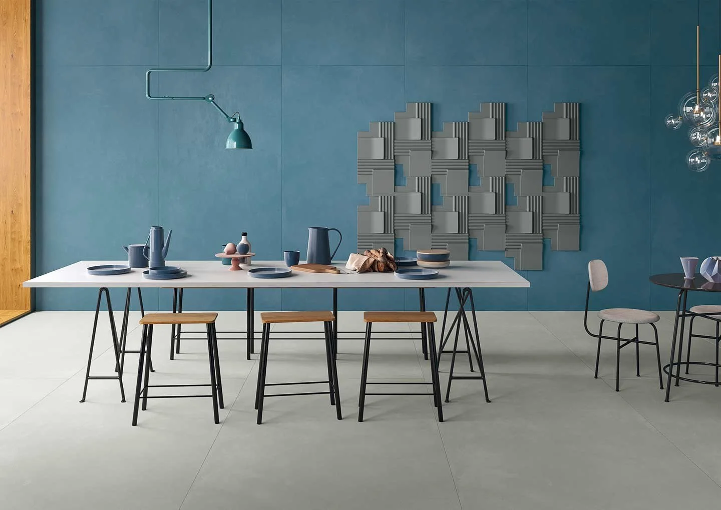 Modern dining interior featuring the Rilievi collection by CEDIT – Ceramiche d’Italia, a high-end porcelain brand under the Florim Group, supplied and installed nationwide by PietraCasa.