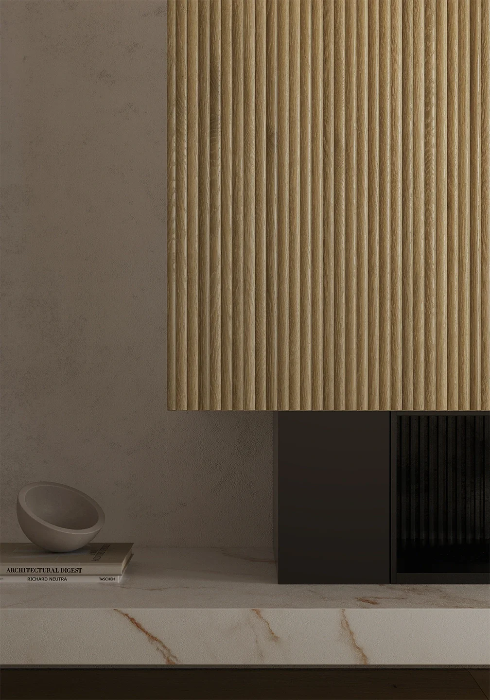 A detailed view of the fluted Kora wall collection in the Cabana relief finish by Living Ceramics, crafted from innovative ultra-thin, highly embossed Ductile material to replicate realistic wood-grain textures, available through PietraCasa.