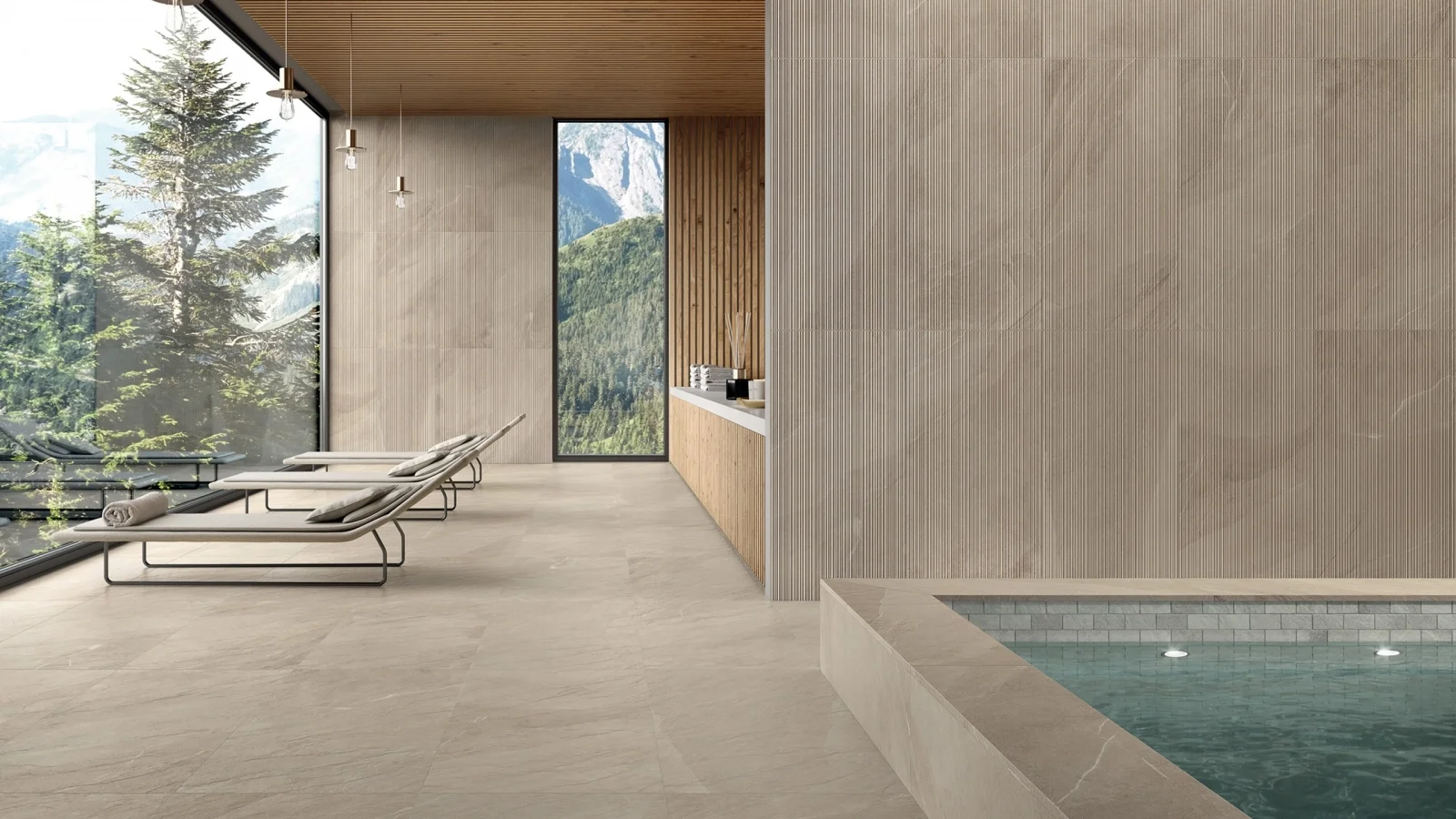 Luxurious spa interior featuring the Italgraniti Shale collection in Taupe, showcasing a three-dimensional Ribbed texture feature wall paired with flat, natural matte floor and pool surround tiles, available through PietraCasa.