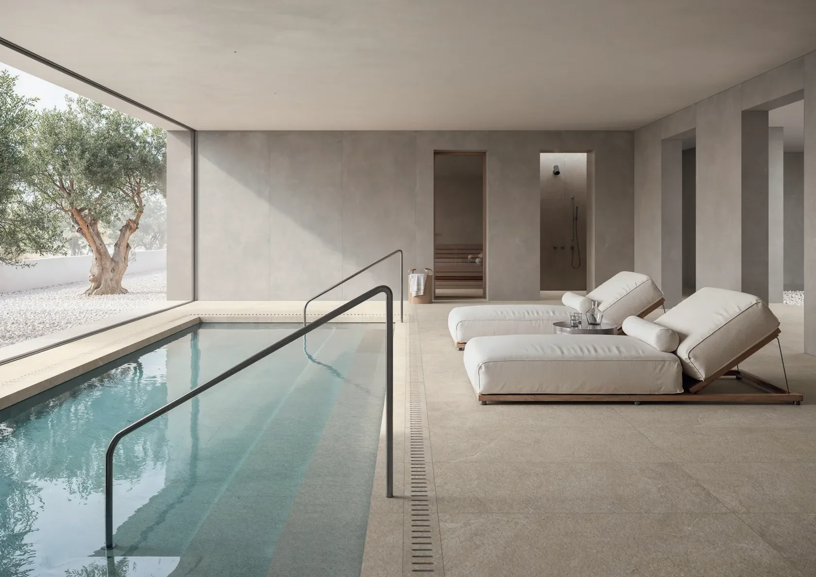 Minimalist wellness and spa interior featuring high-quality porcelain stoneware tiling by Impronta Ceramiche, part of the Italgraniti Group, expertly supplied by PietraCasa.