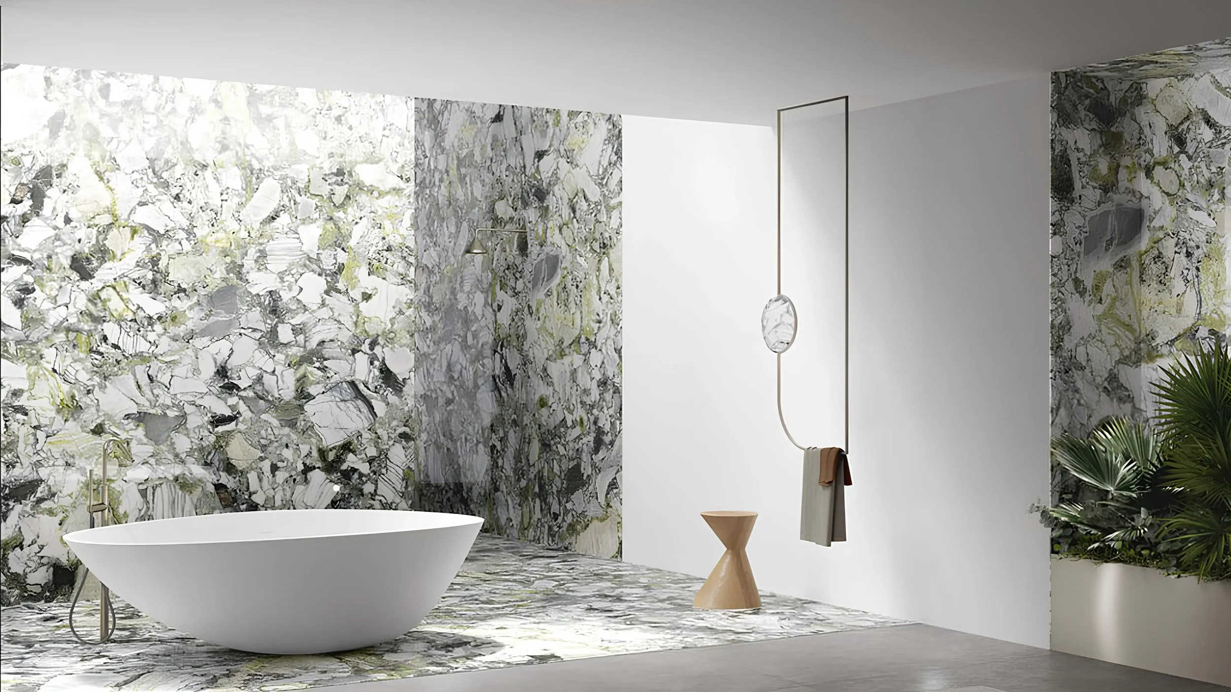 Luxury bathroom interior featuring Marmi Maximum 'White Beauty' porcelain slabs from Fiandre Architectural Surfaces, a brand within the Iris Ceramica Group, available through PietraCasa.