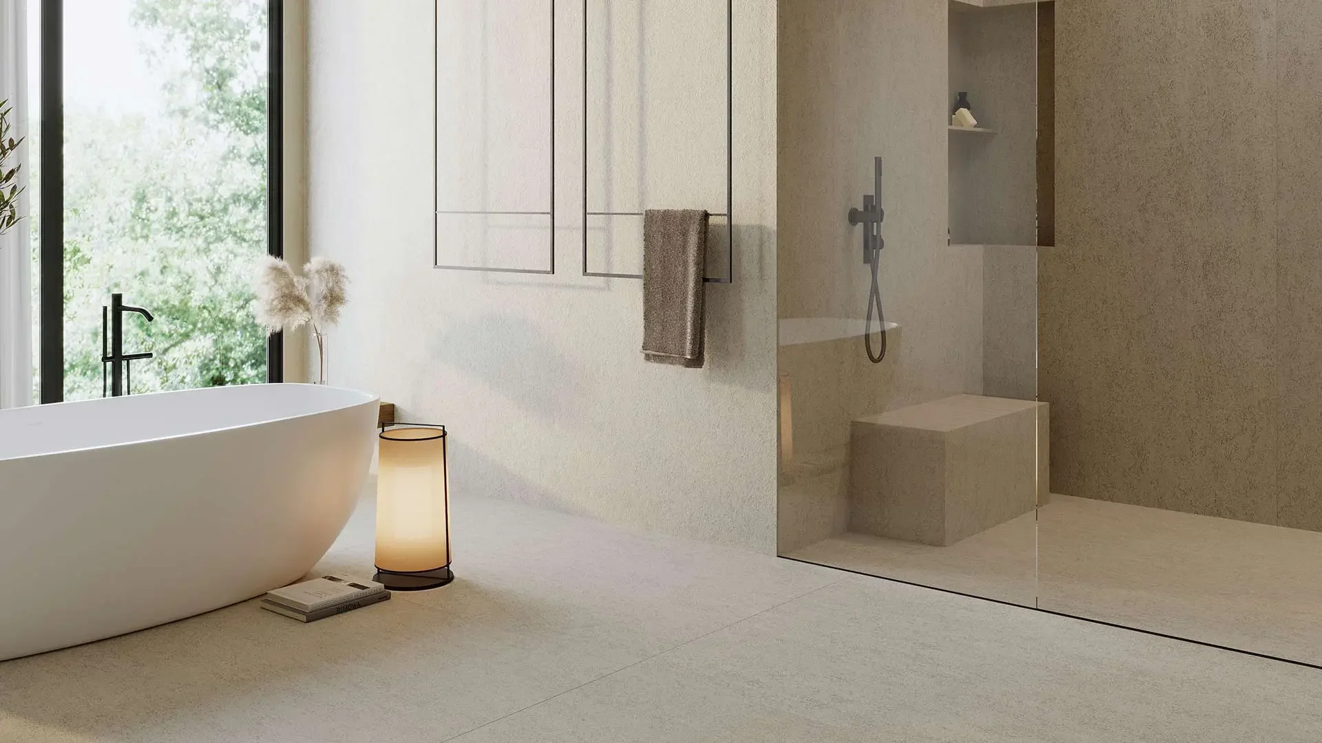 Tranquil contemporary bathroom featuring Inalco Atalaia collection surfaces, providing seamless, large-format detailing across floors and walls, exclusively distributed in the UK by PietraCasa.