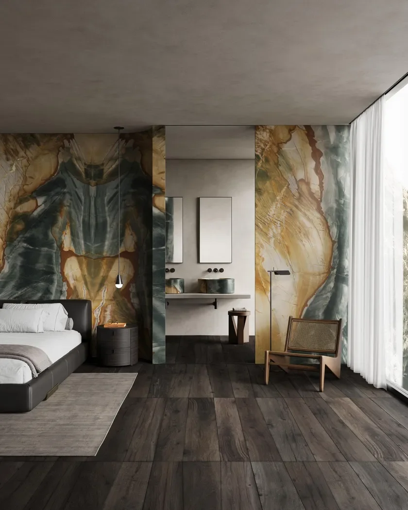 Bedroom suite featuring a striking bookmatched feature wall in Polaris Gold natural stone by Margraf, supplied by PietraCasa.