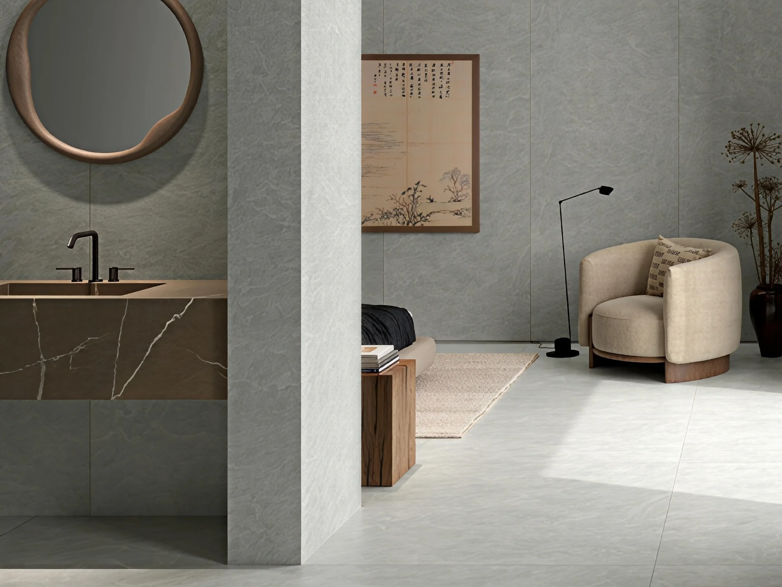 An interior space featuring surfaces clad in Laminam Slate Ankara, a large-format Italian porcelain with a soft grey base, delicate veining, and a matte finish, available through PietraCasa.