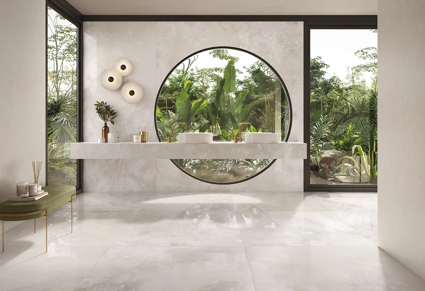 Modern bathroom interior featuring the Onice Pearl polished porcelain tile collection by Ceramiche Keope, emulating semi-precious onyx for a luxurious, light-reflecting finish, available through PietraCasa.