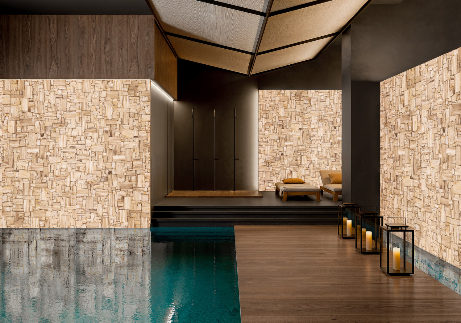 Premium White Petrified Wood reverse cut wall cladding from the Margraf Gemstone Collection, showcased in a wellness and indoor pool environment, supplied by PietraCasa.