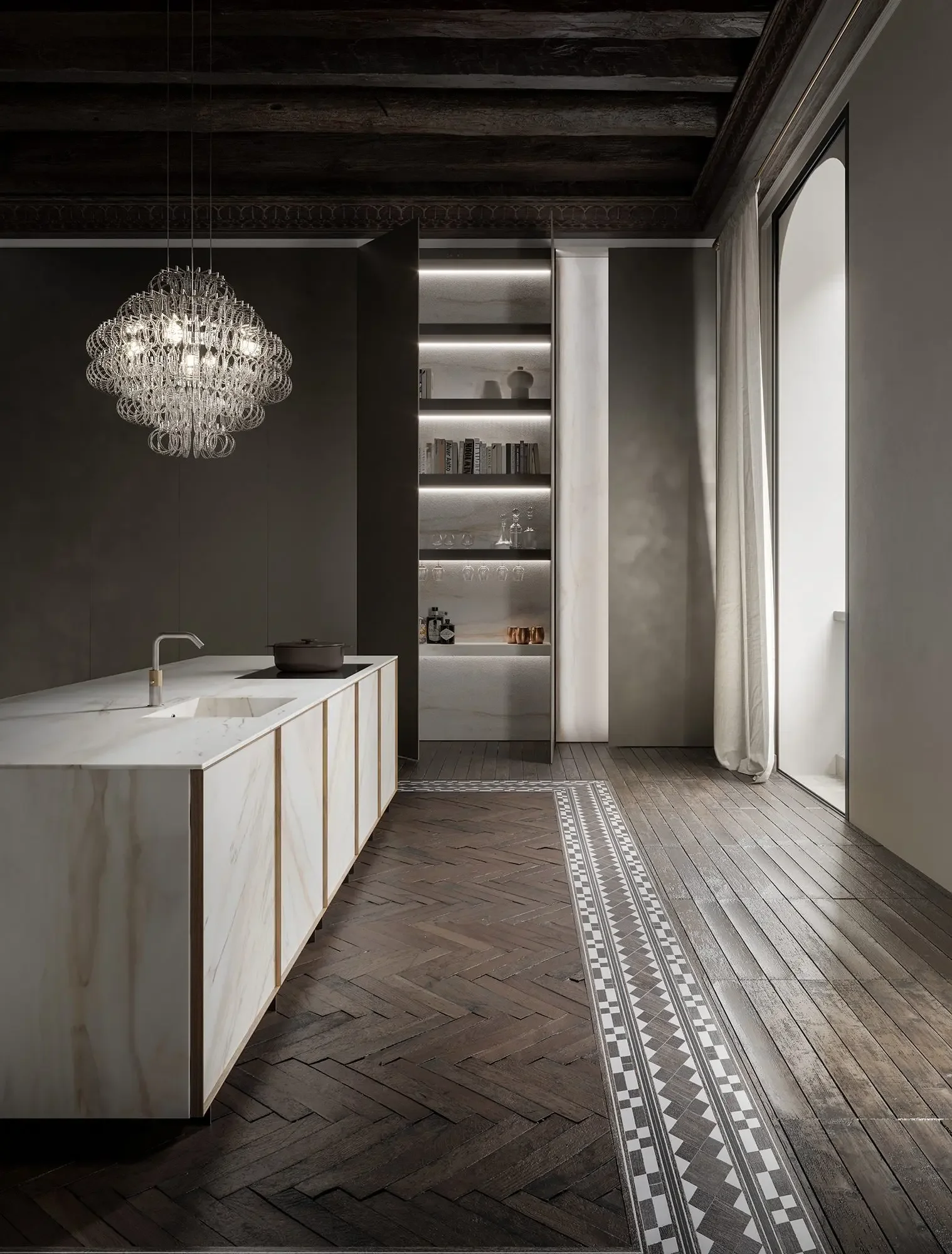 Modulnova Frame Lab kitchen featuring warm walnut wood and luxurious Bianco Lasa Covelano Vena Oro marble supplied by Antolini, available through PietraCasa.