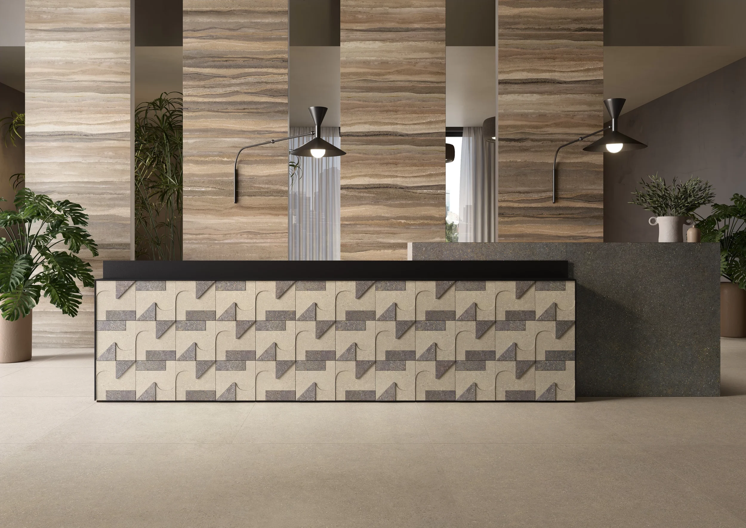Architectural reception interior featuring the Compatta ceramic tile collection by CEDIT - Ceramiche d'Italia, designed by Federico Peri to emulate the ancient rammed earth technique, supplied and installed nationwide by PietraCasa.