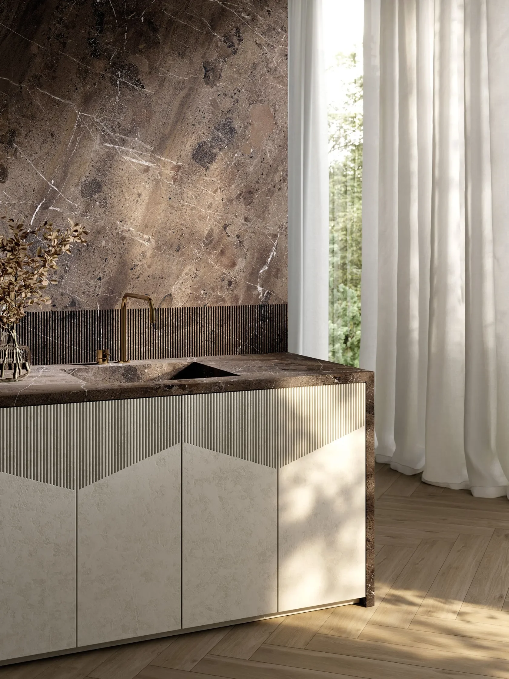 Luxury kitchen featuring SapienStone Breccia Imperiale porcelain slabs for the countertop and backsplash, paired with cream textured cabinetry and brass fixtures, supplied by PietraCasa.