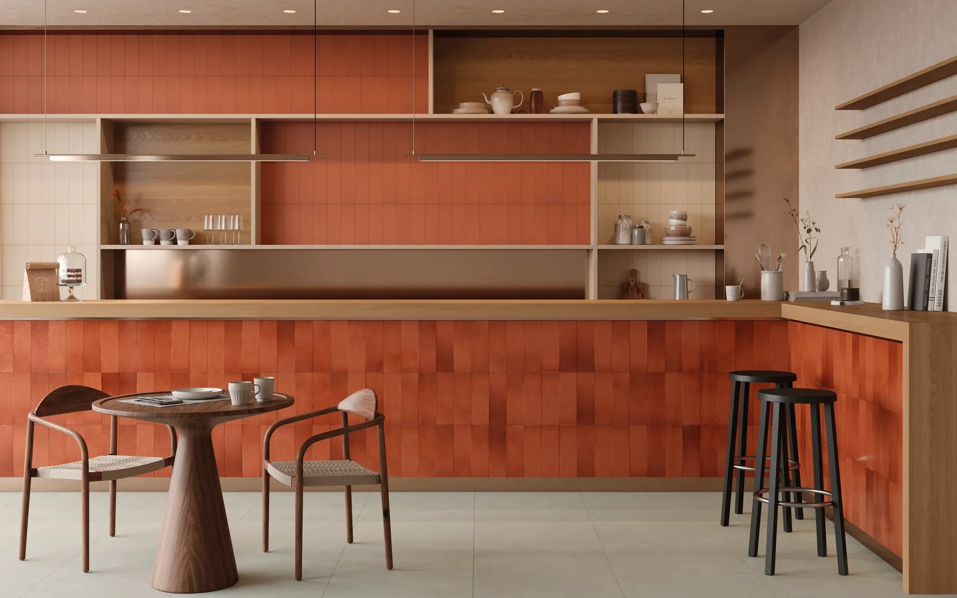 Kitchen interior featuring standout terracotta-colored ceramic tiles arranged vertically to visually elongate the space, consistent with Iris Ceramica ranges like CottoMilano Mattone, available through PietraCasa.