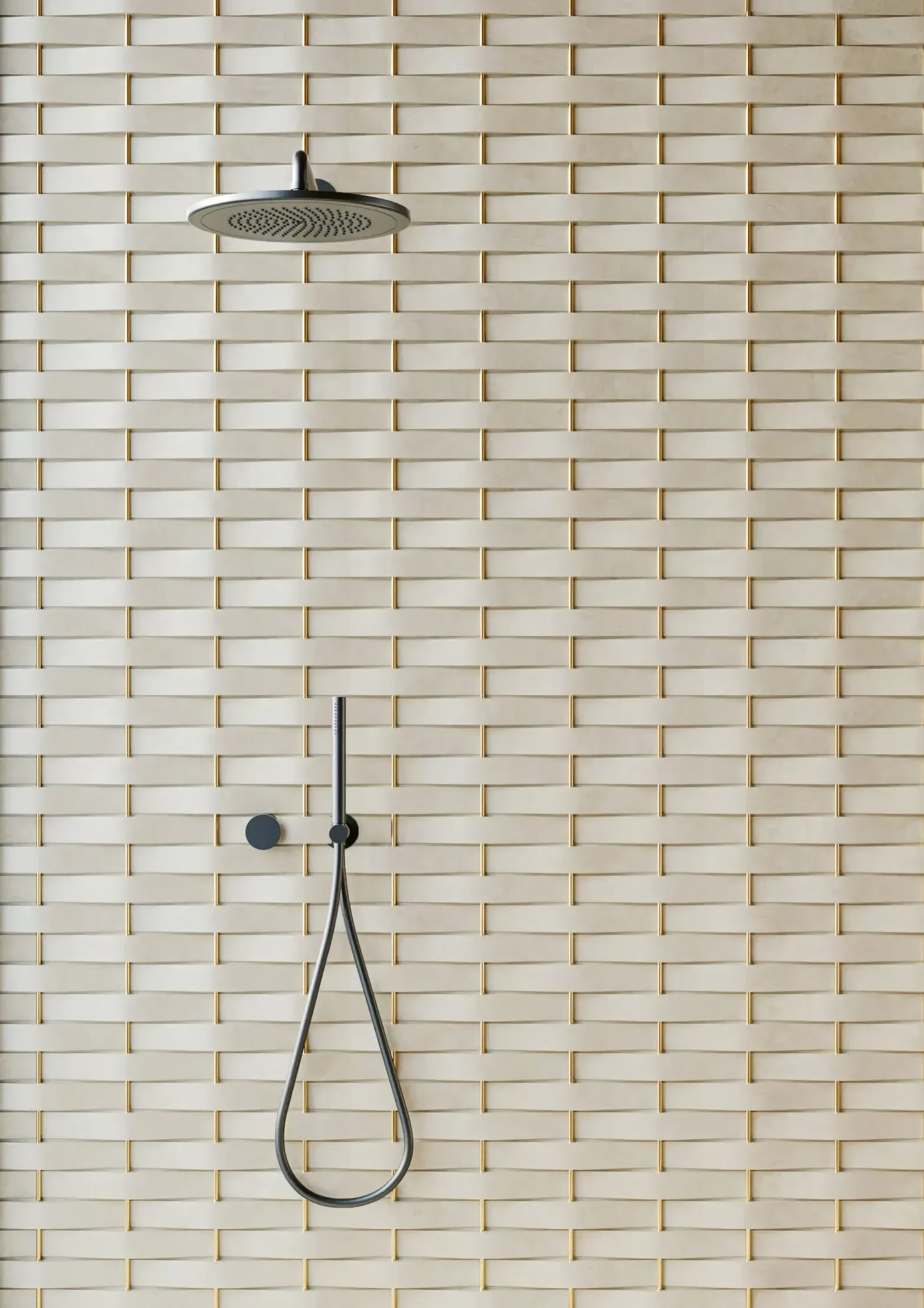 Modern bathroom shower wall featuring Marazzi Crogiolo Confetto 3D tiles in the Savoiardo relief style, combined with slim vertical metal accents to create a woven effect, available through PietraCasa.
