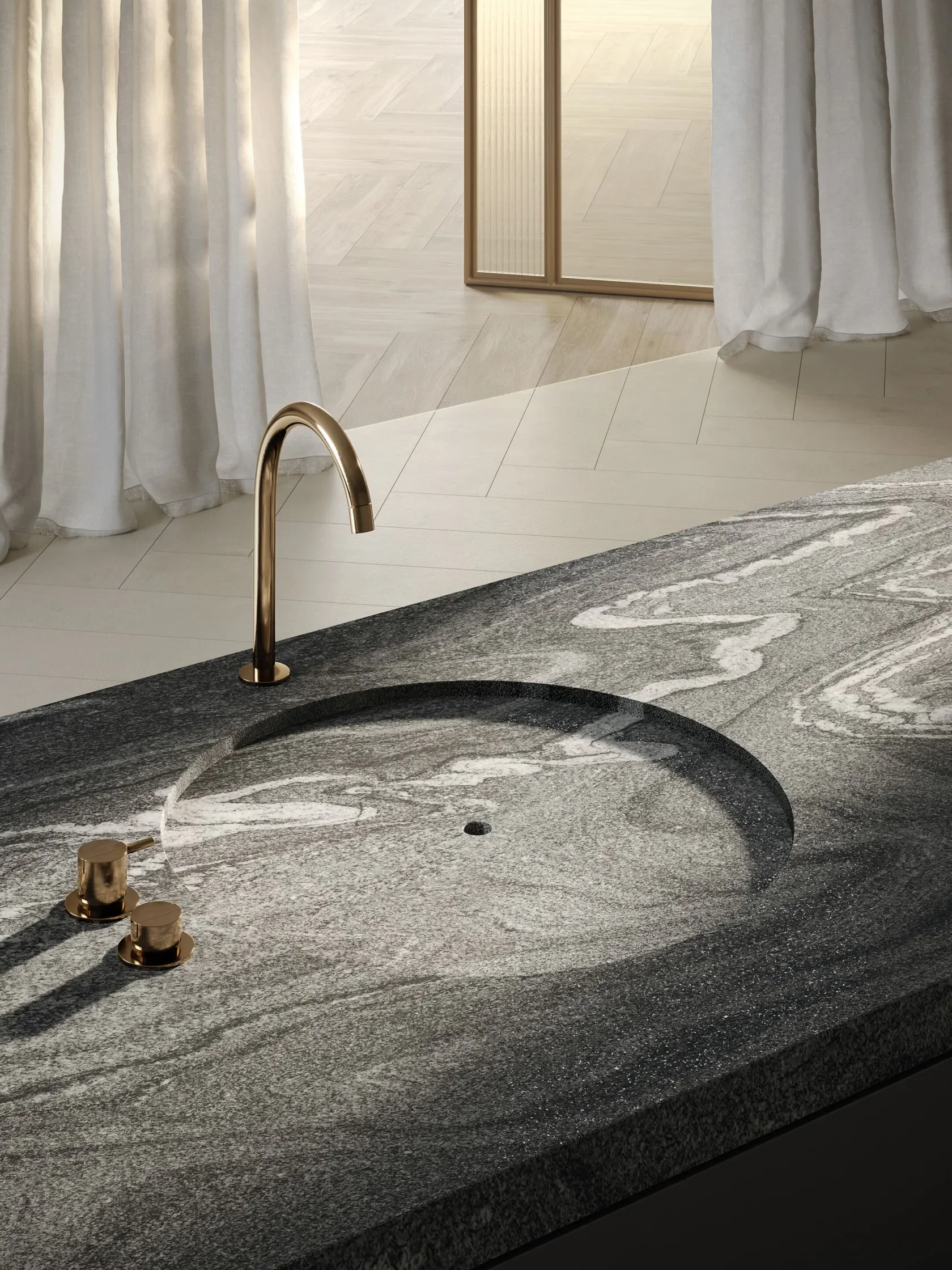 Striking SapienStone Silver Wave 4D porcelain countertop featuring an elegantly integrated circular stone sink, paired with a sleek arched gold faucet and minimalist control knobs, supplied by PietraCasa.