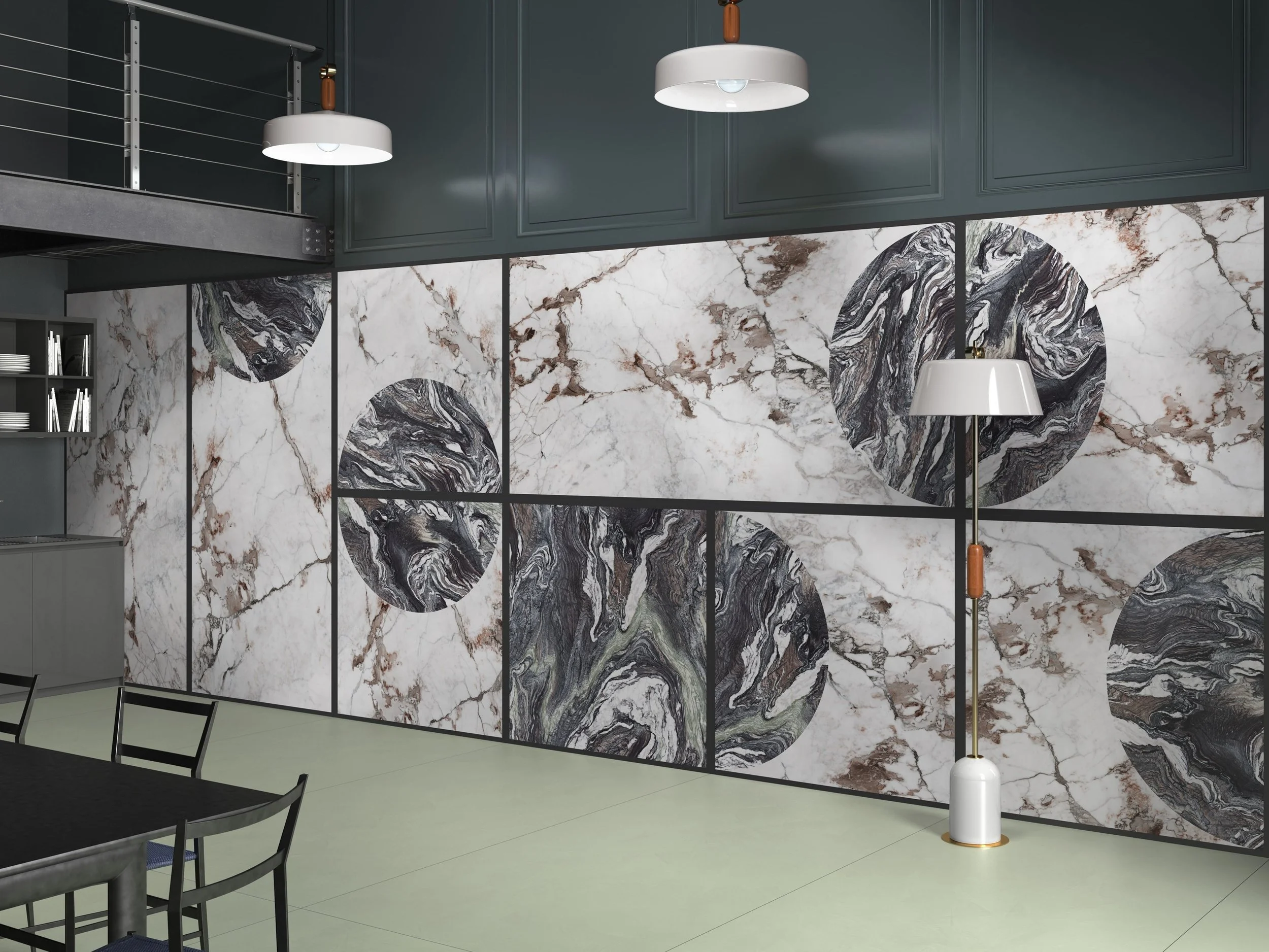 Luxury wall feature showcasing the Policroma collection by Cedit, featuring the 'Cornice' decor design framed by dark metal accents, supplied and installed nationwide by PietraCasa.