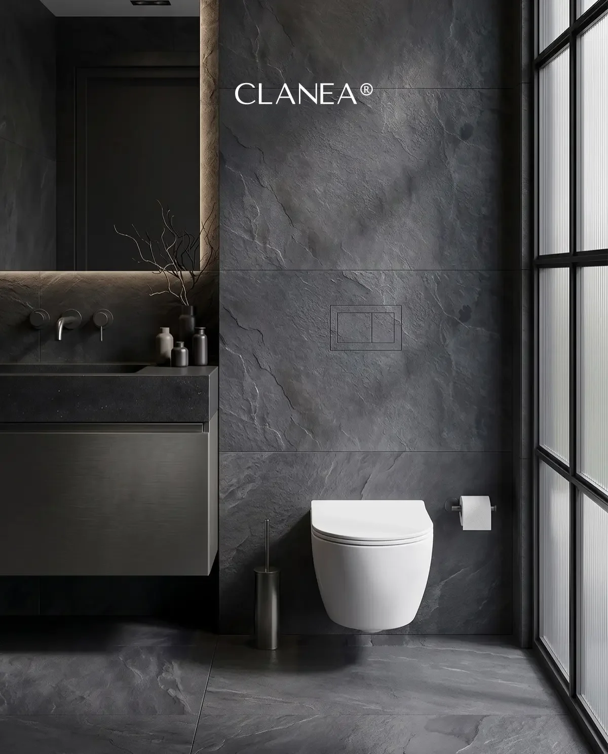 Luxury minimalist bathroom interior featuring architectural design solutions by Swiss brand CLANEA, supplied and installed by PietraCasa.