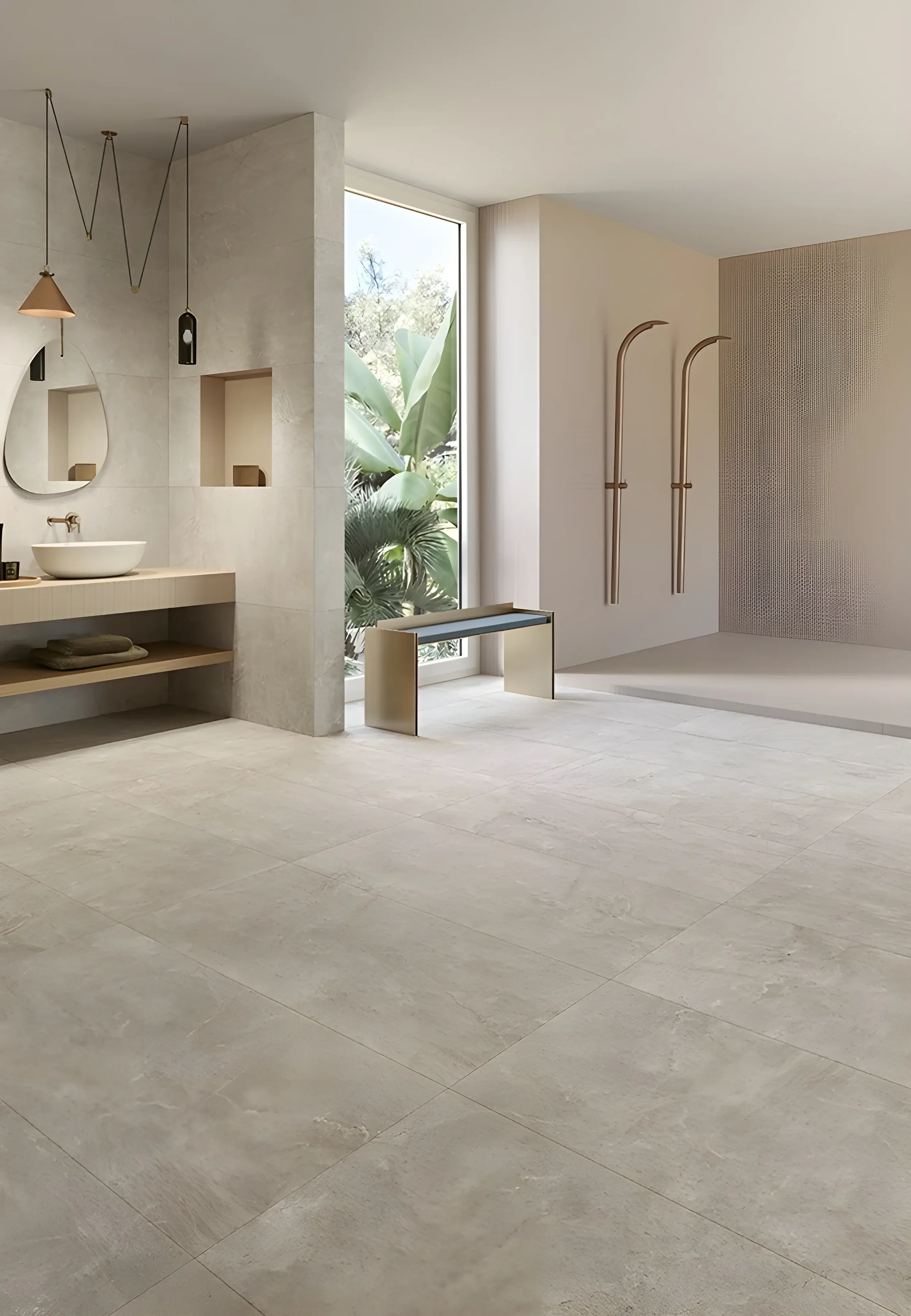 Serene bathroom interior featuring the Percorsi Frame porcelain tile collection by Ceramiche Keope, shown in the Imperiale Walnut finish, available through PietraCasa.