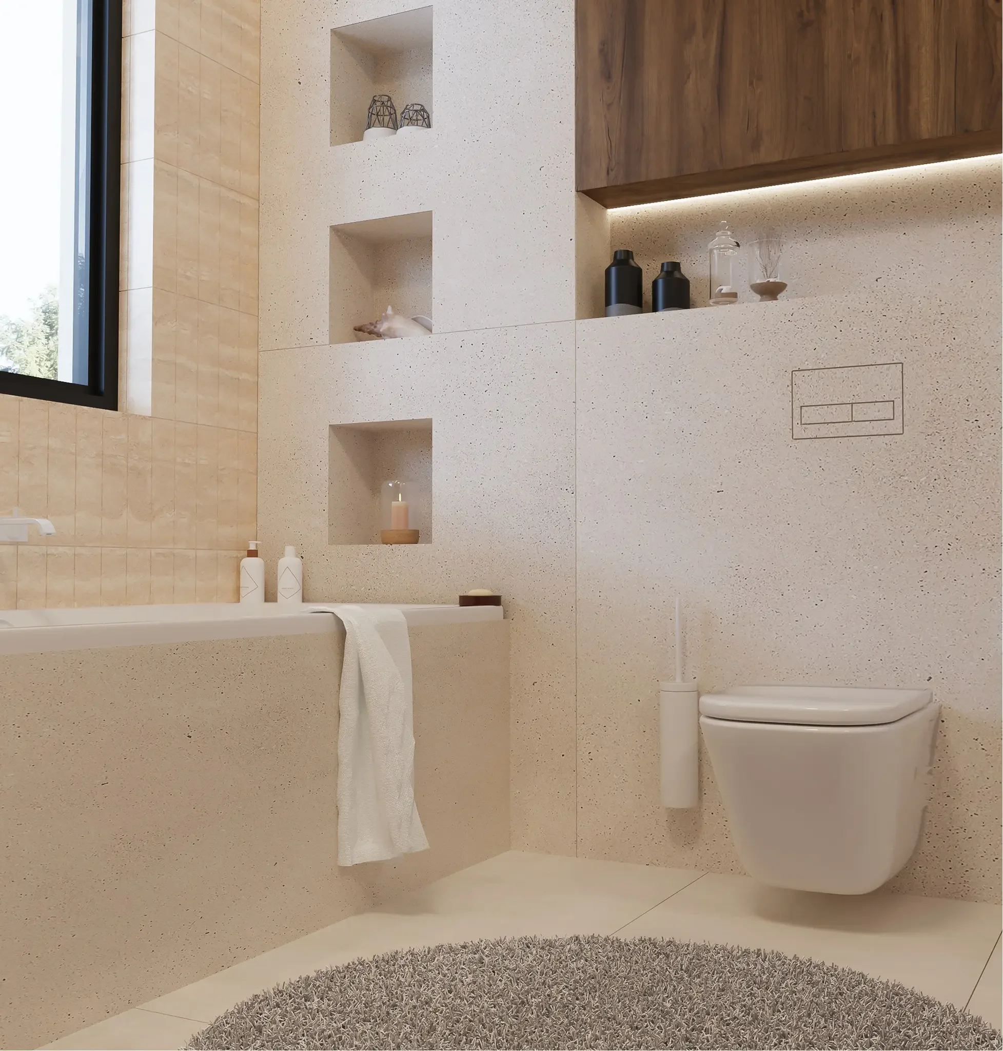 Minimalist bathroom featuring the Clanea PurePlate flush hardware, designed to blend seamlessly into the wall tiles, supplied and installed by PietraCasa.