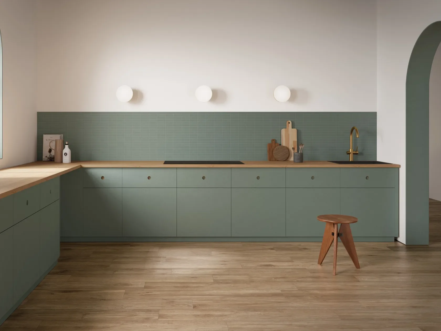Modern kitchen featuring Linfa Tortora wood-effect porcelain stoneware flooring by Impronta Ceramiche, providing the warmth of oak with the durability of tile, supplied by PietraCasa.