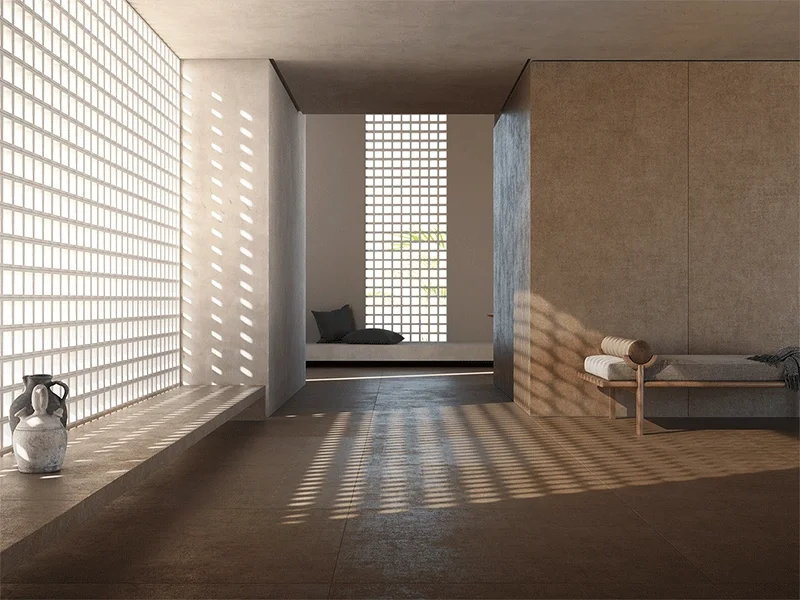 A visualization of the Cuit tile collection by Living Ceramics, featuring a warm terracotta color palette, available through PietraCasa.
