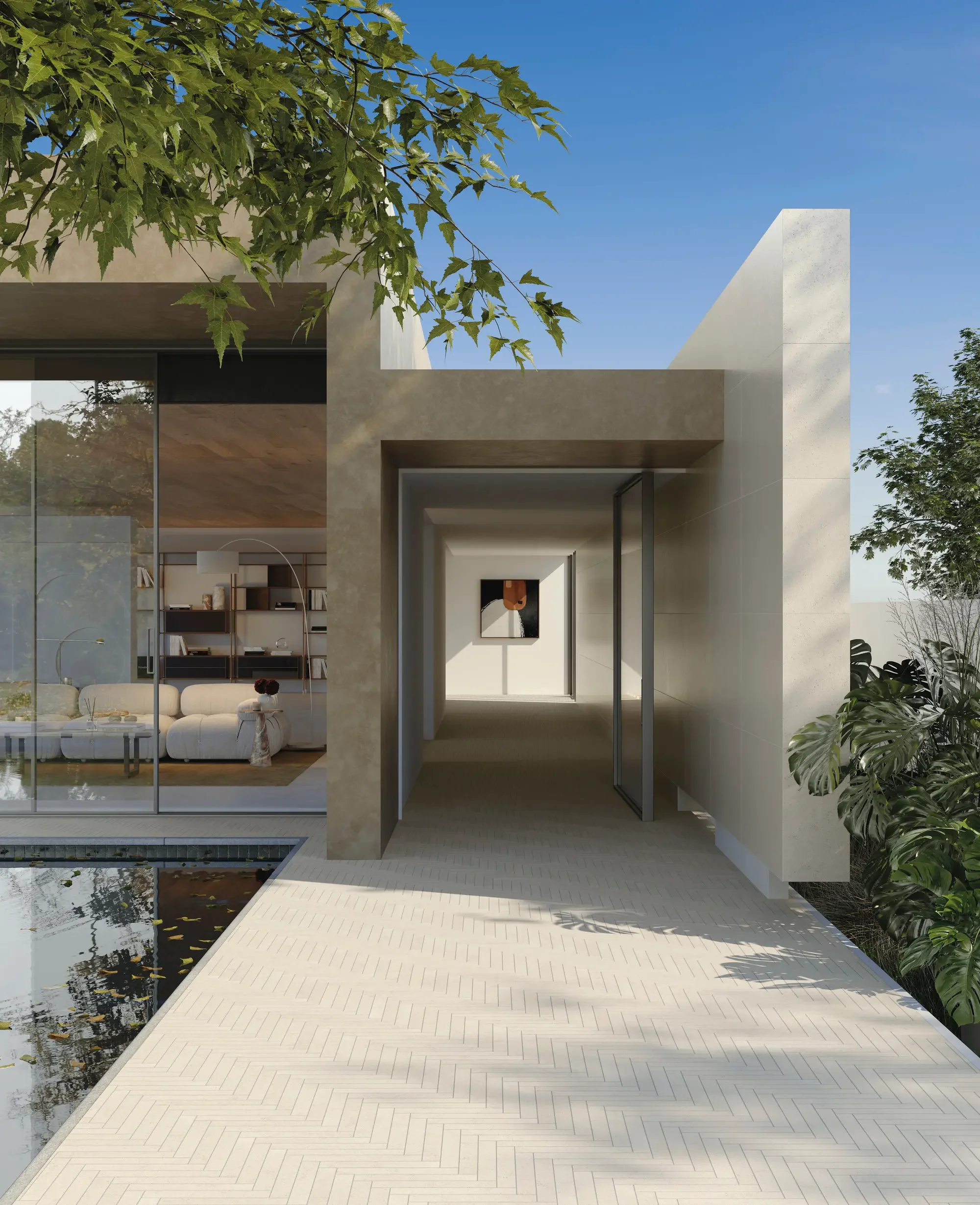 Minimalist architectural render featuring FMG TerraPura Pura Bianco porcelain stoneware in a chevron pattern, seamlessly blending indoor and outdoor spaces, expertly supplied and installed by PietraCasa.
