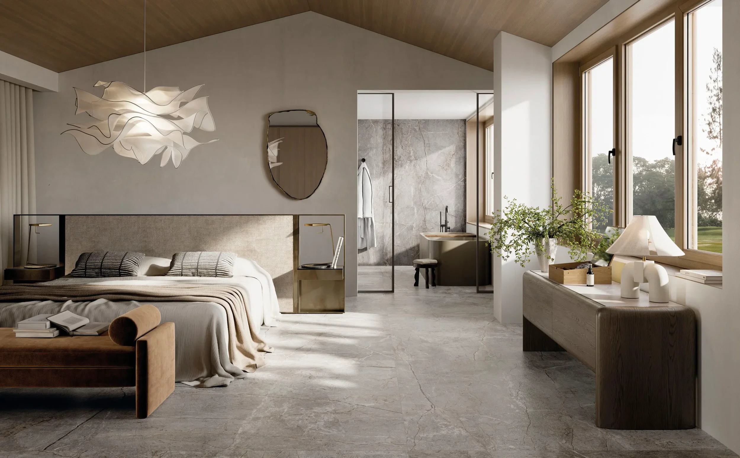 Tranquil luxury bedroom and en-suite featuring Fiandre Silver Root porcelain stoneware from the Marmi Maximum collection, supplied by PietraCasa.