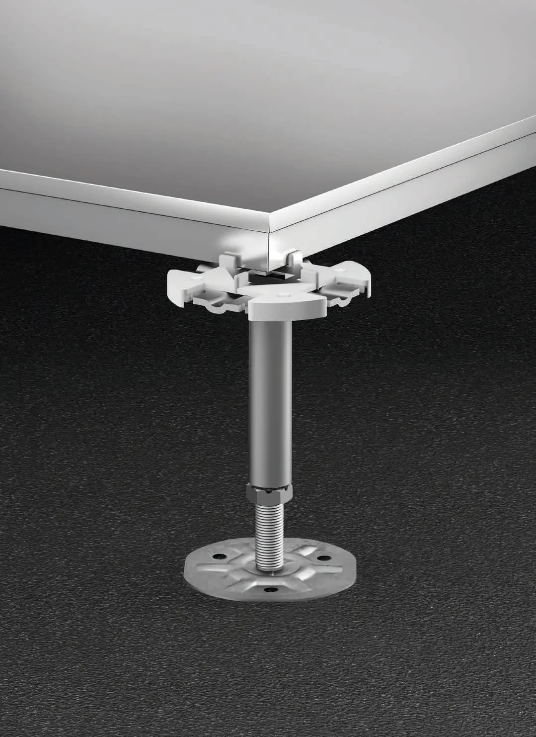 Close-up of the Eterno Ivica INSIDE Steel Vertical Adjustable Support, a heavy-duty pedestal engineered for premium indoor raised access flooring systems, professionally supplied and installed by PietraCasa.