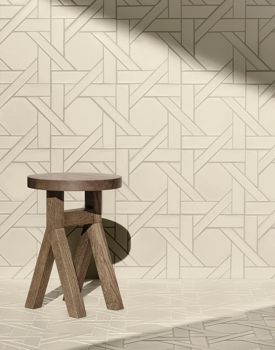 Wall and floor installation featuring the Weaving ceramic tile collection by Neri&Hu for Mutina, showcasing a dimensional, textile-like aesthetic inspired by bamboo weaving, available through PietraCasa.