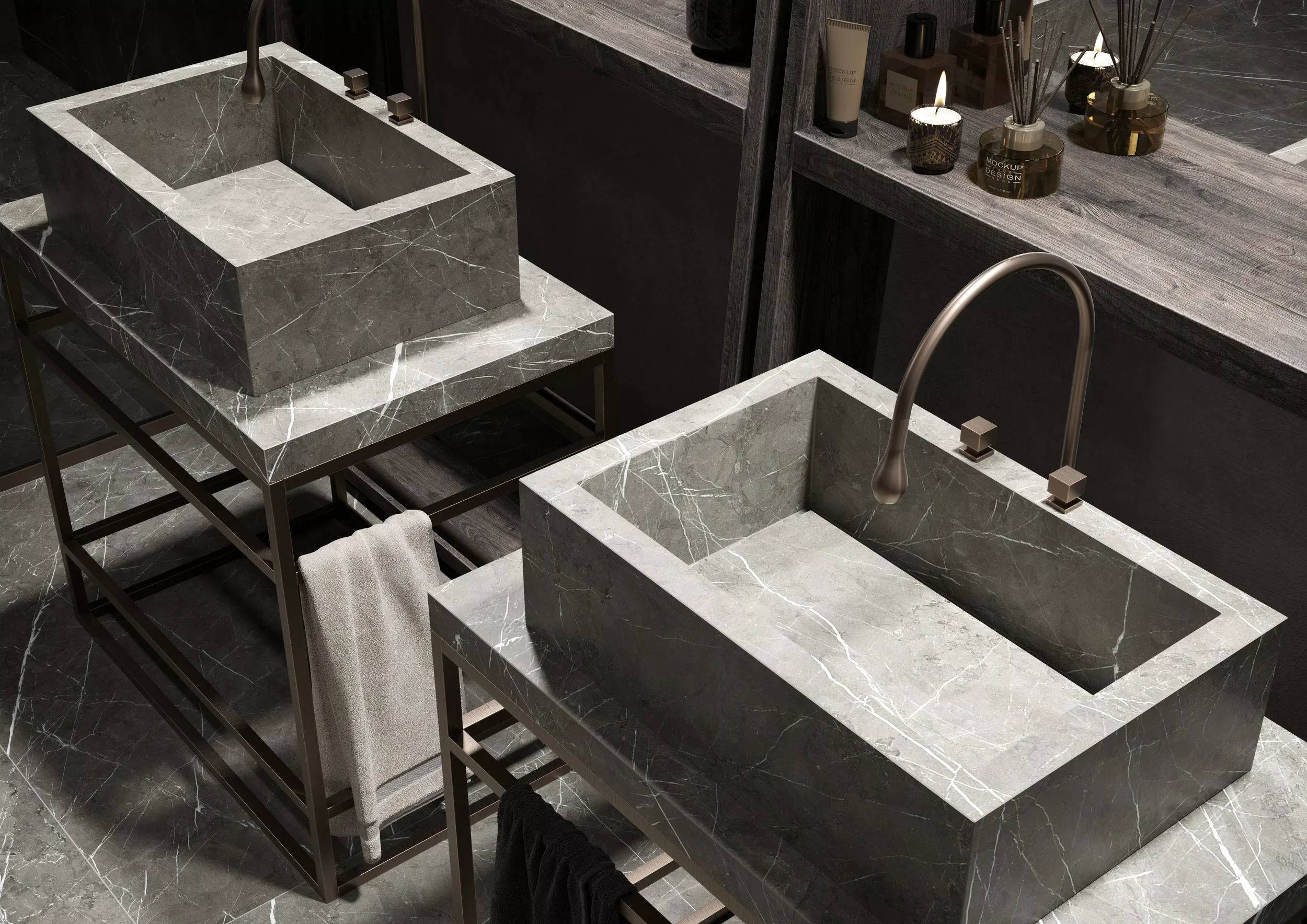 Highly precise fabrication of an integrated bathroom vanity and washbasin, expertly crafted using the Marble Gray porcelain stoneware collection by Florim and installed by PietraCasa.