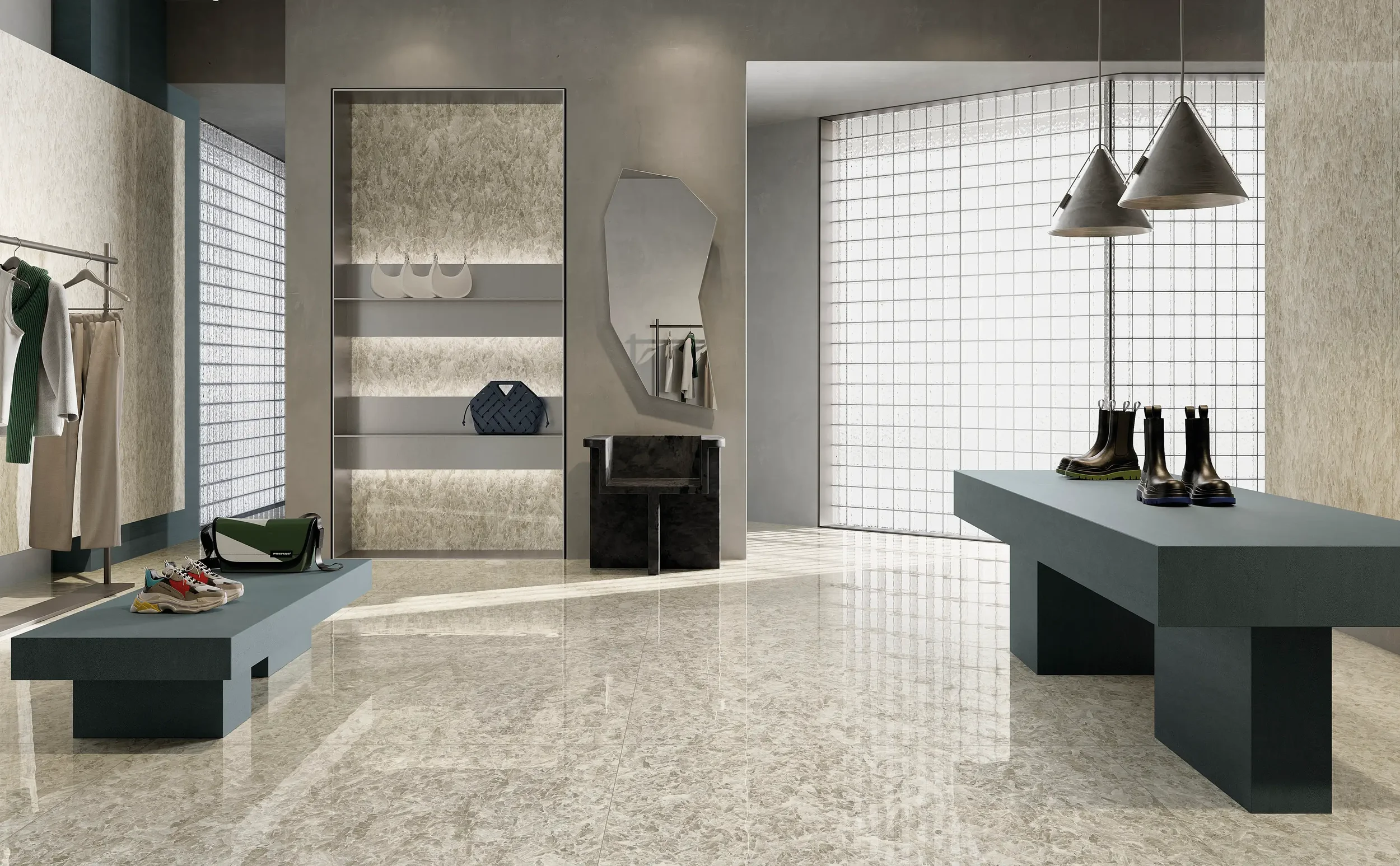 A retail interior featuring Fiandre Selenite porcelain stoneware flooring, designed to emulate the iridescent beauty of moonstone, expertly supplied and installed by PietraCasa