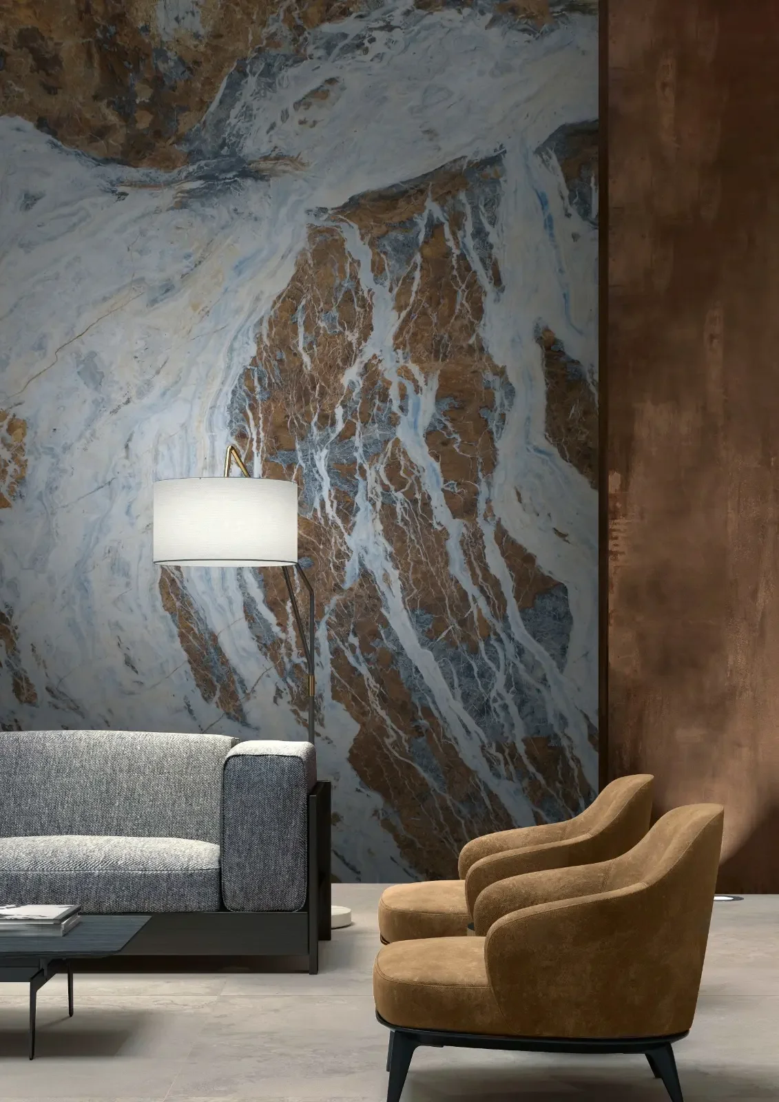 Feature wall showcasing the dramatic Blue Jeans marble from the Antolini Exclusive Collection, featuring deep blue hues and copper veining, supplied by PietraCasa.