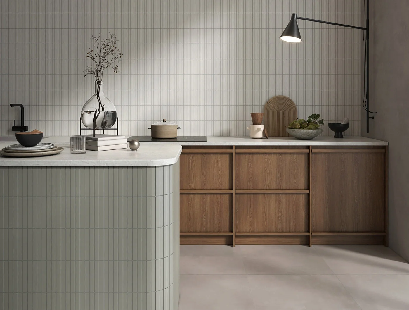 Kitchen design featuring the 'Stick' porcelain mosaic by Terratinta Ceramiche, showcasing a tactile, fluted 'kit-kat' shape in mesh-backed 29x30 cm sheets, supplied by PietraCasa.