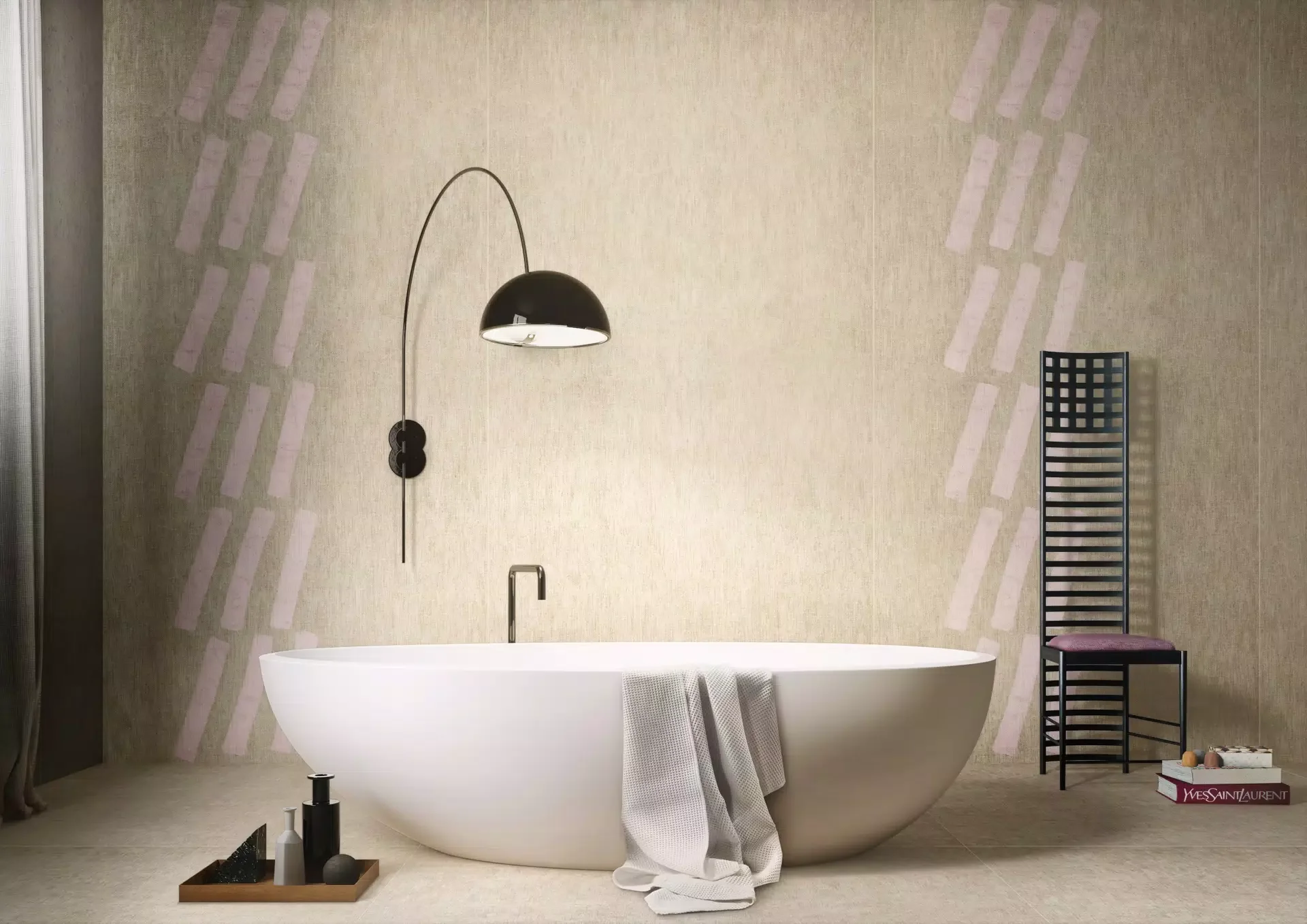 Luxury bathroom interior featuring the Euridice collection by Florim, offering large-format porcelain stoneware tiles with unique artistic designs inspired by painter Giorgio Griffa, supplied and installed nationwide by PietraCasa.