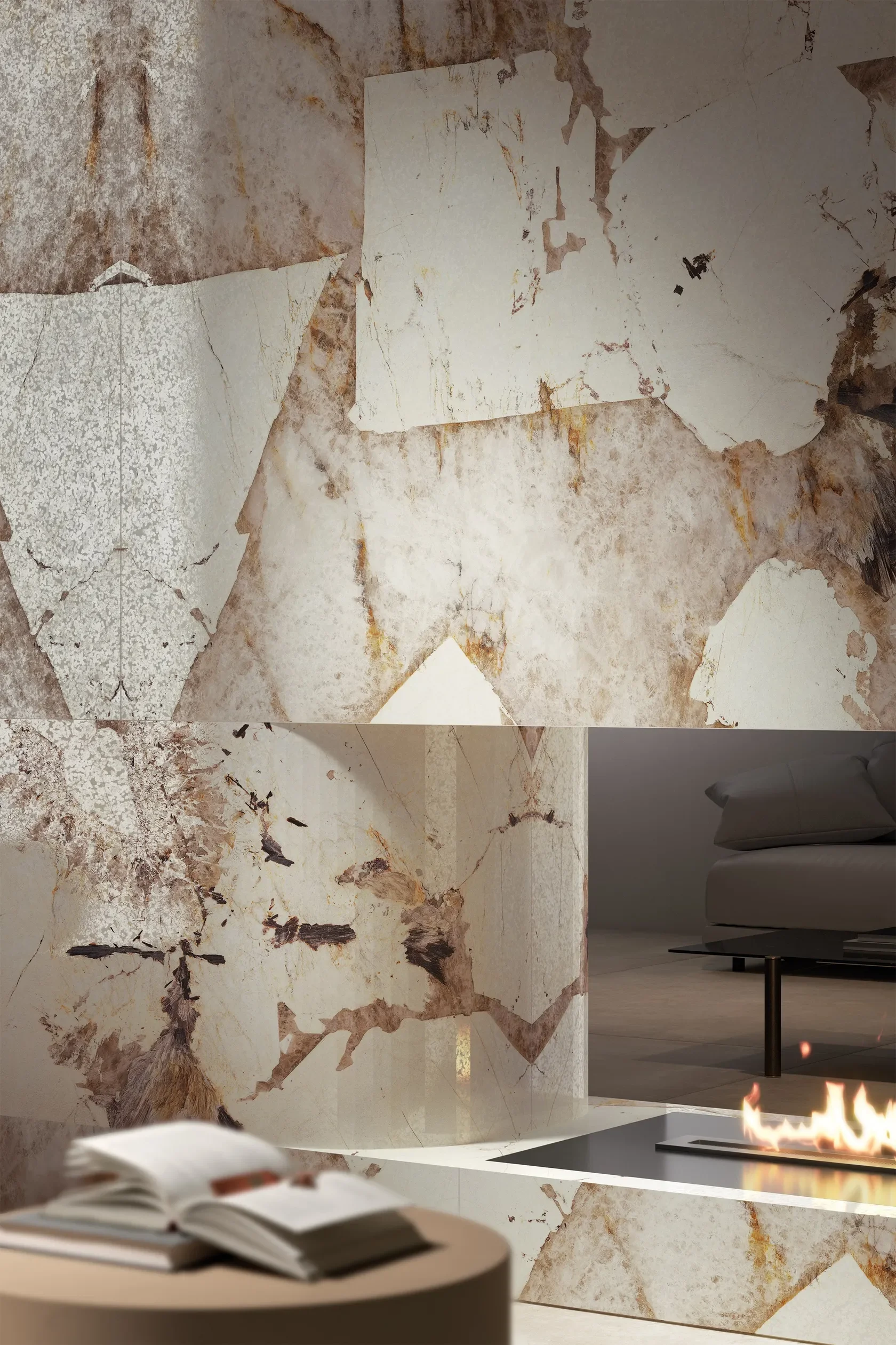 Dramatic marble-effect porcelain stoneware featuring the Patagonia MaxFine collection, an ultra-large ceramic slab by FMG Fabbrica Marmi e Graniti that replicates natural quartzite fragments, expertly supplied and installed by PietraCasa.