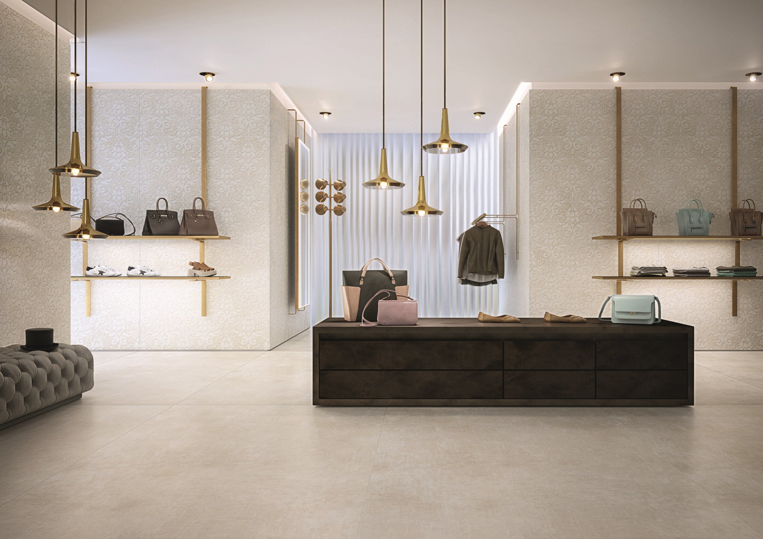Luxury retail interior featuring Cedit Tesori Lino Bianco porcelain stoneware tiles in a large 120x240 cm format, supplied and installed nationwide by PietraCasa.
