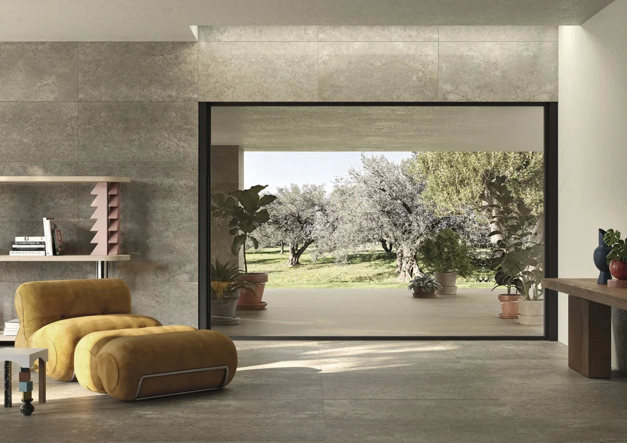 Modern interior space featuring Fiandre Pulsar porcelain stoneware, a collection inspired by geological matter, expertly supplied and installed by PietraCasa.