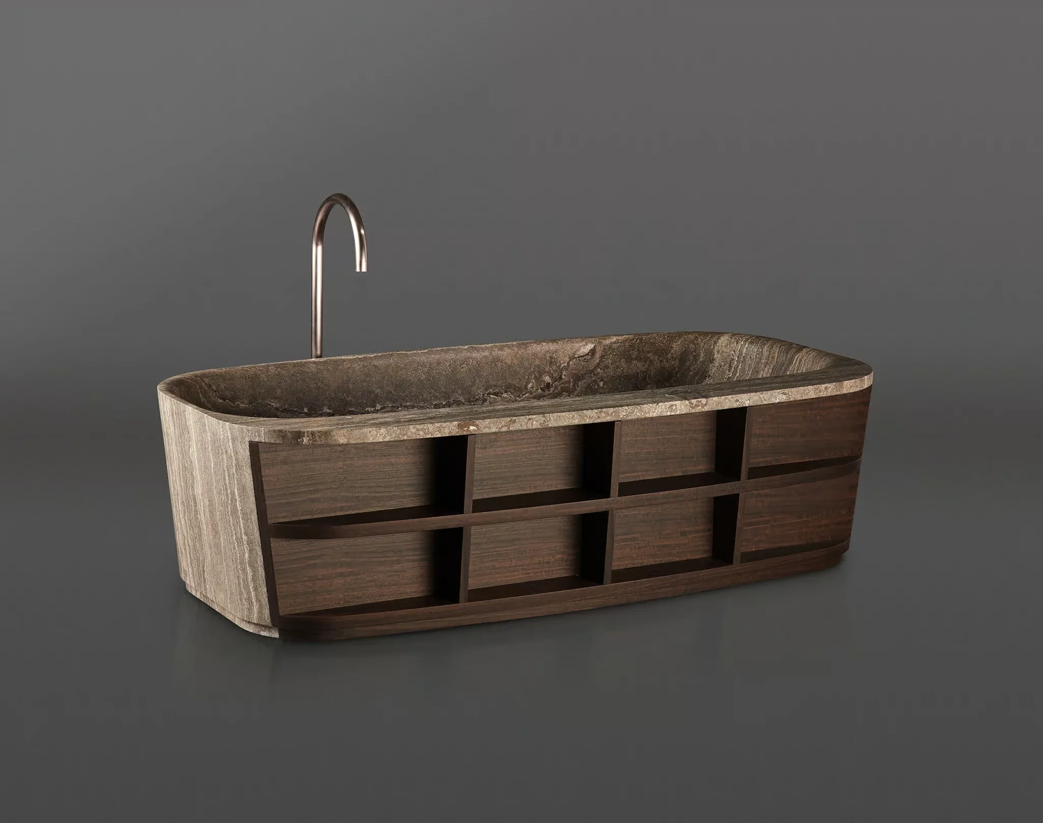 The Hug bathtub by Kreoo, designed by Matteo Nunziati, featuring a carved stone shell with an integrated wooden storage shelf, available through PietraCasa.
