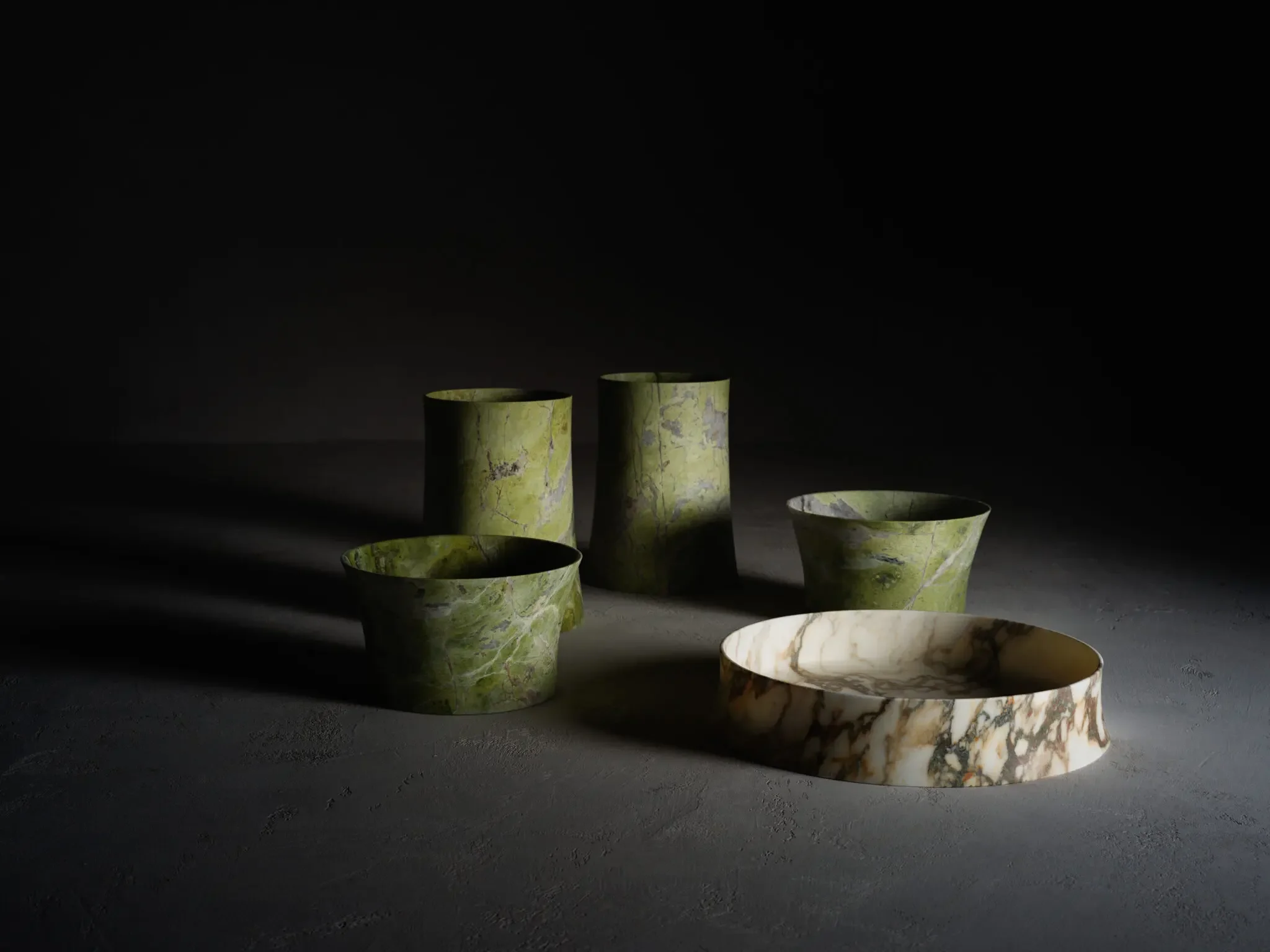 The Princess and Blessed Circle luxury accessory collection by Kreoo, designed by Christophe Pillet and hand-carved from natural marble and onyx, available through PietraCasa.