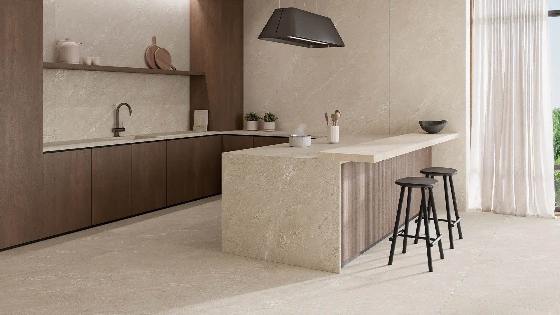 Modern kitchen design featuring Inalco Pacific MDi induction kitchen with invisible cooktop technology seamlessly integrated into the countertop surface, exclusively distributed in the UK by PietraCasa.