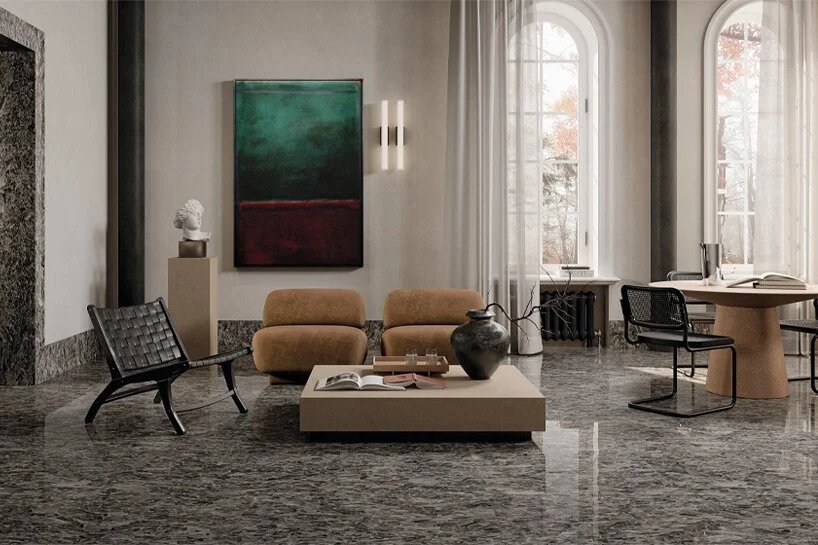 A luxurious living room interior featuring Fiandre Selenite Maximum porcelain stoneware flooring, designed to replicate the elegant look of natural moonstone, expertly supplied and installed by PietraCasa.