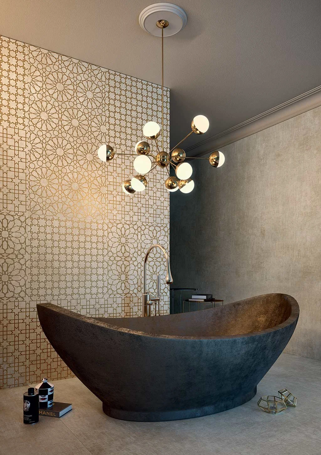 Luxury bathroom interior featuring Cedit's Tesori collection tiles, specifically the Monile Bianco pattern with intricate gold-colored geometric motifs, supplied and installed nationwide by PietraCasa.