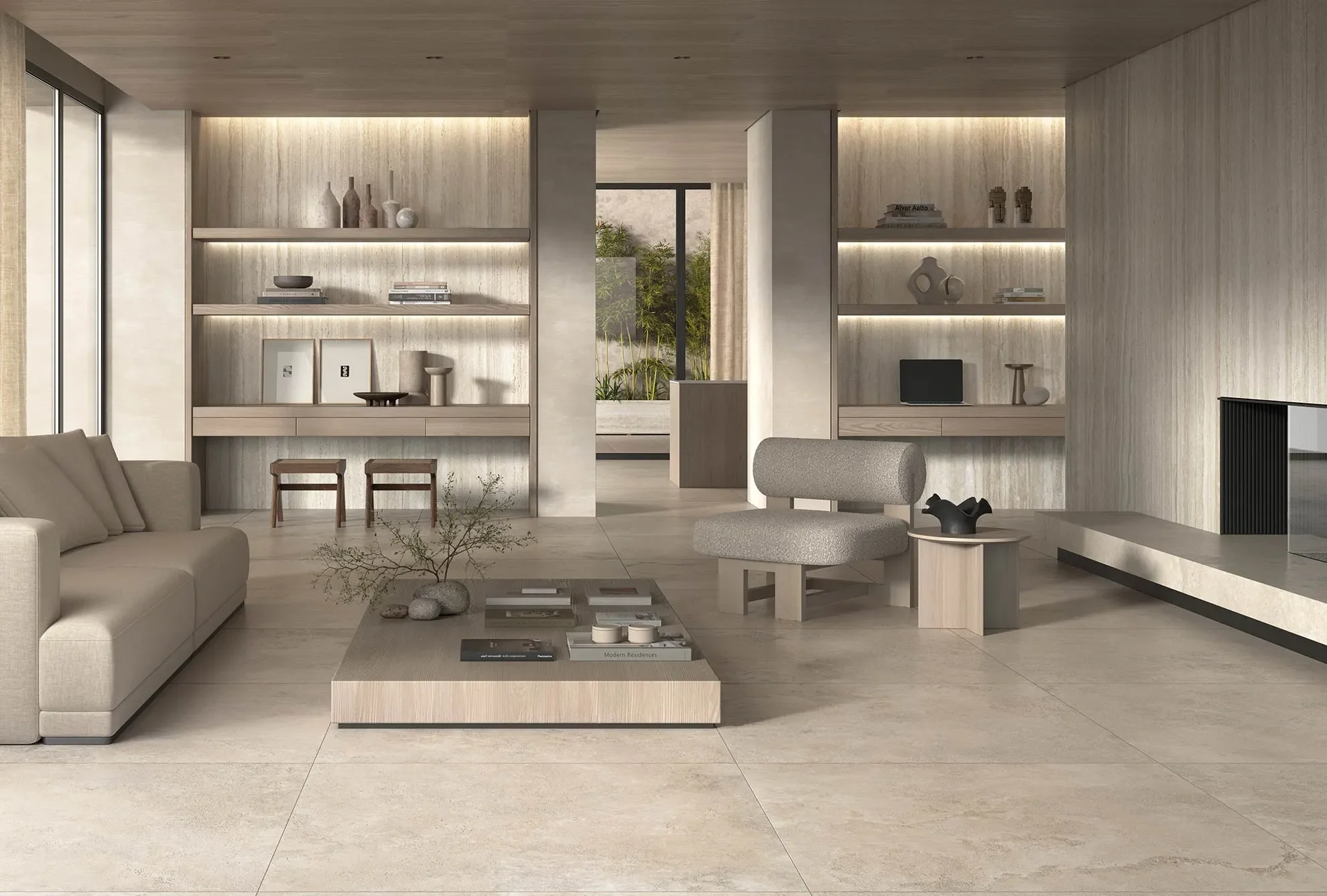 A modern, minimalist living room showcasing the premium Nativa Collection by the Italian brand Kronos Ceramiche, available through PietraCasa.