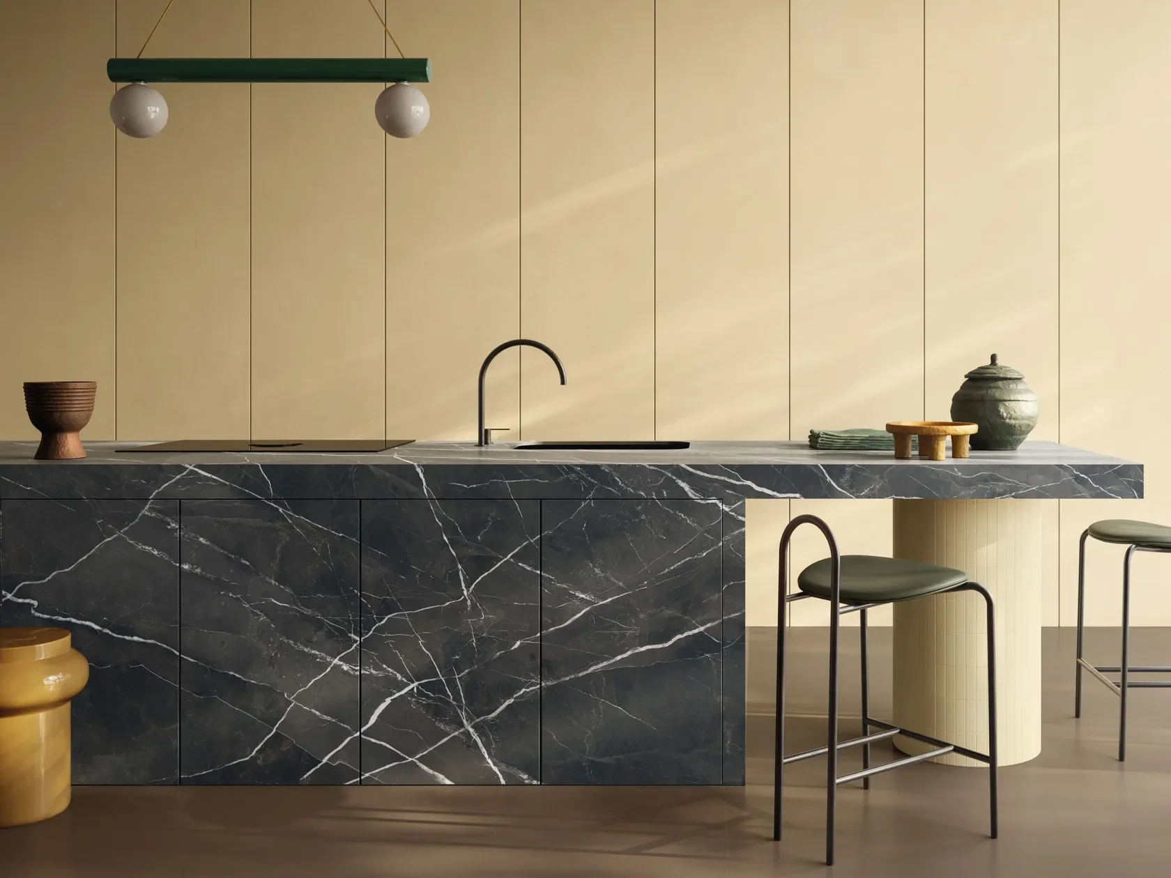 Visually striking kitchen countertop featuring Calacatta Black porcelain stoneware by Italstone, a brand under the Italgraniti Group, available through PietraCasa.