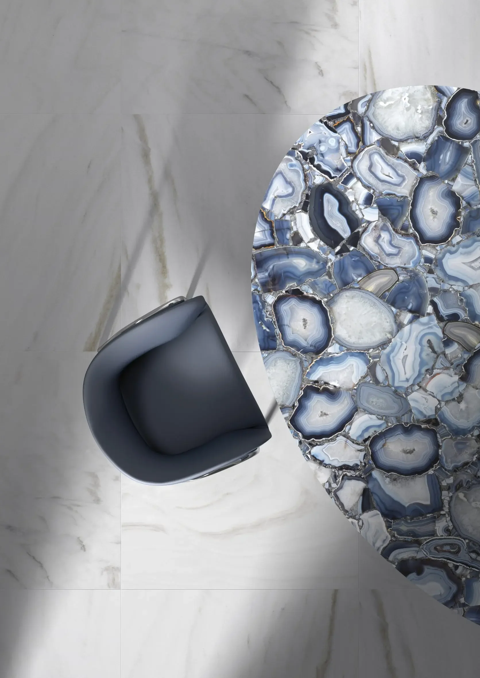 Elegant table featuring a polished Blue Agate top from the Antolini Precioustone Collection, known for its use of semi-precious natural stones, supplied by PietraCasa.