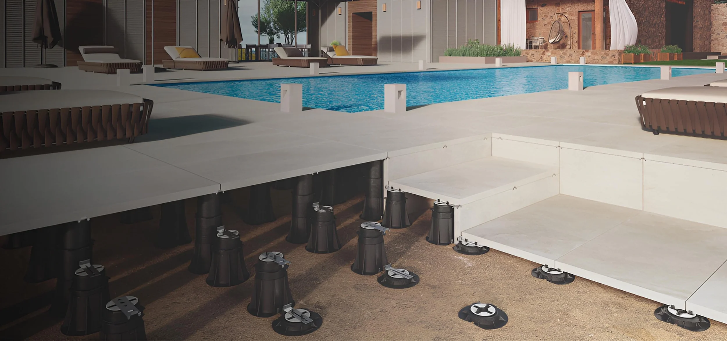 Cross-section view of a professional pedestal paver system used for elevated outdoor flooring, featuring adjustable supports made from durable polypropylene, supplied and installed by PietraCasa.