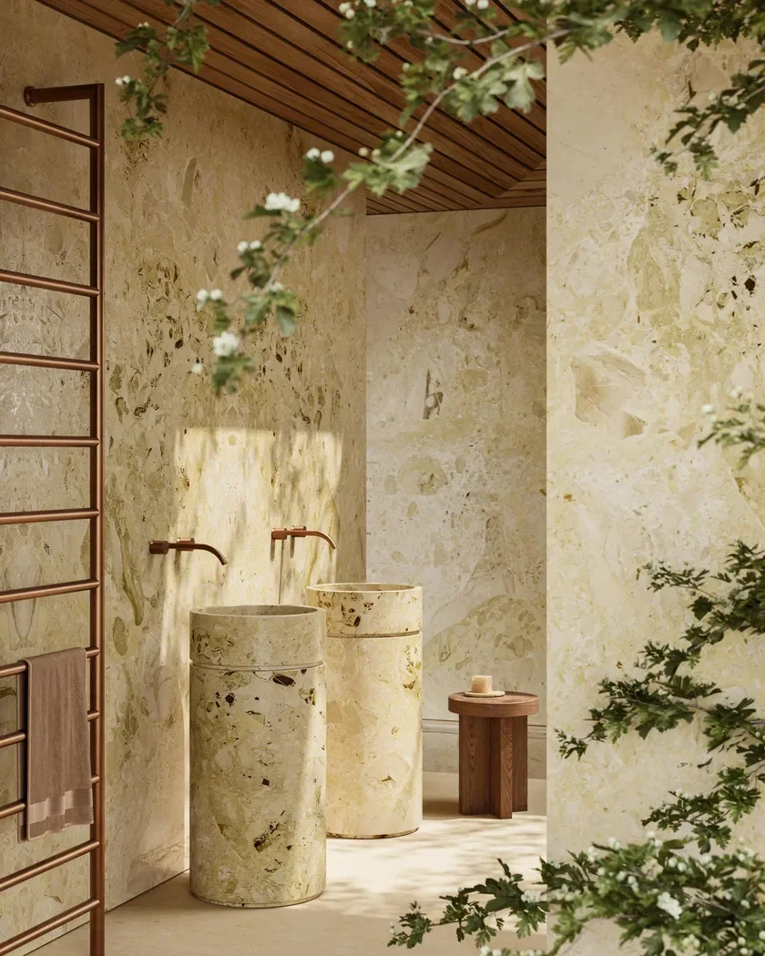 Luxurious spa-like bathroom featuring Margraf Alma marble with a light beige background, golden-green tones, and deep brown veining, supplied by PietraCasa.