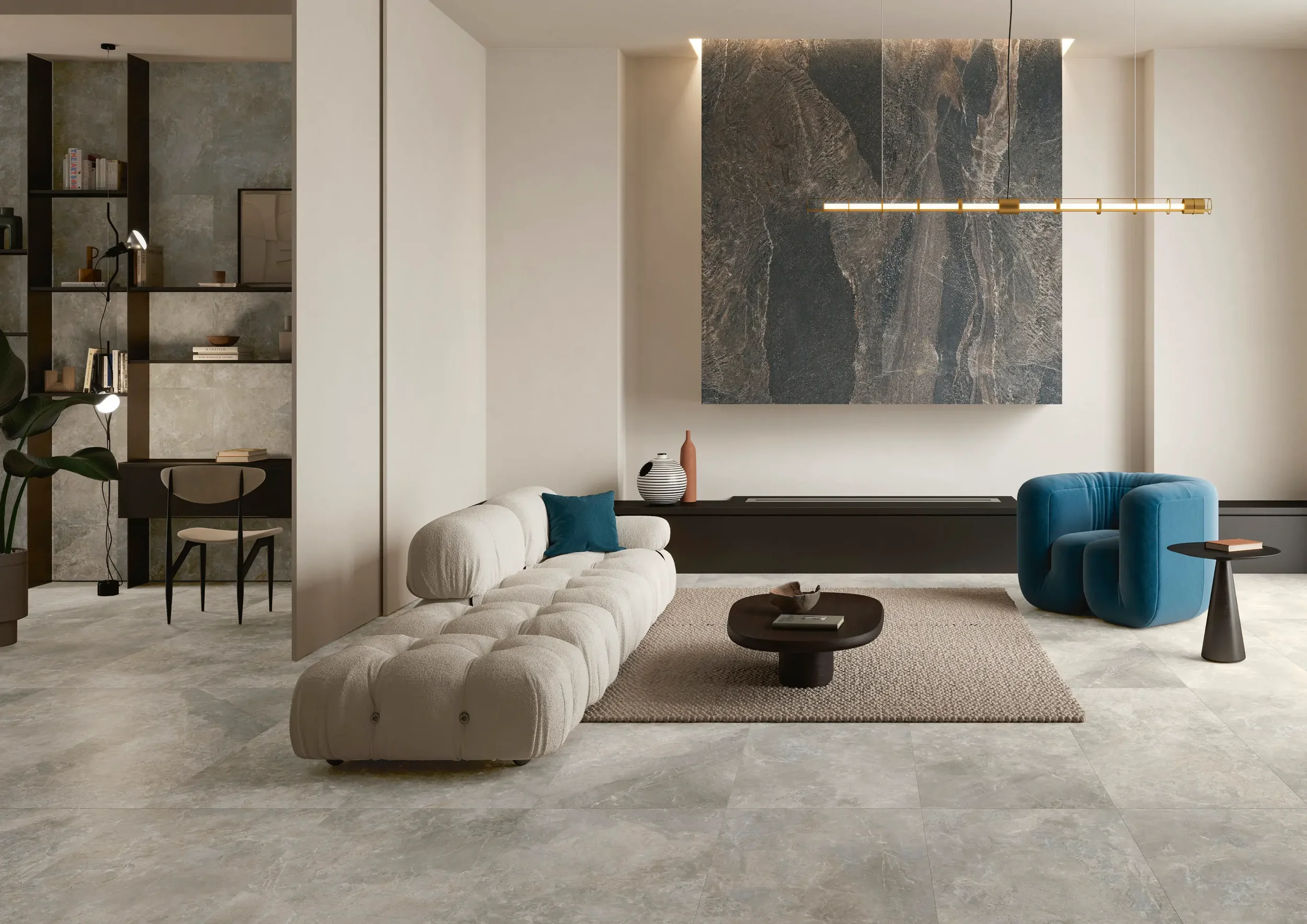 Modern living room interior featuring large-format Ariostea Twin.S porcelain stoneware floor tiles, supplied and installed nationwide by PietraCasa.