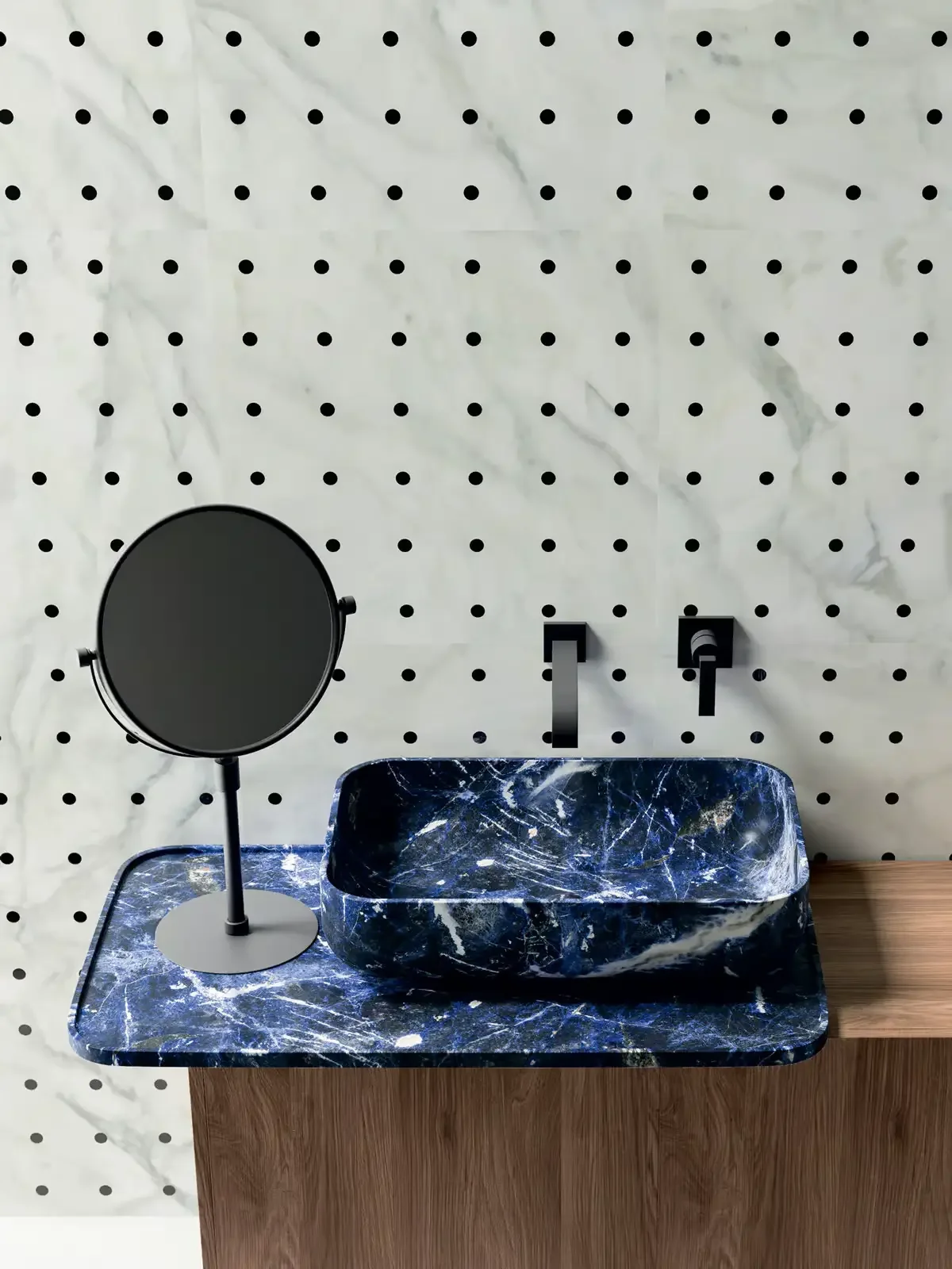 A sleek bathroom setup featuring the Kreoo Bowl No. 9 washbasin and matching Trays vanity top, both crafted from luxurious Sodalite Blu marble and designed by Enzo Berti, available through PietraCasa.