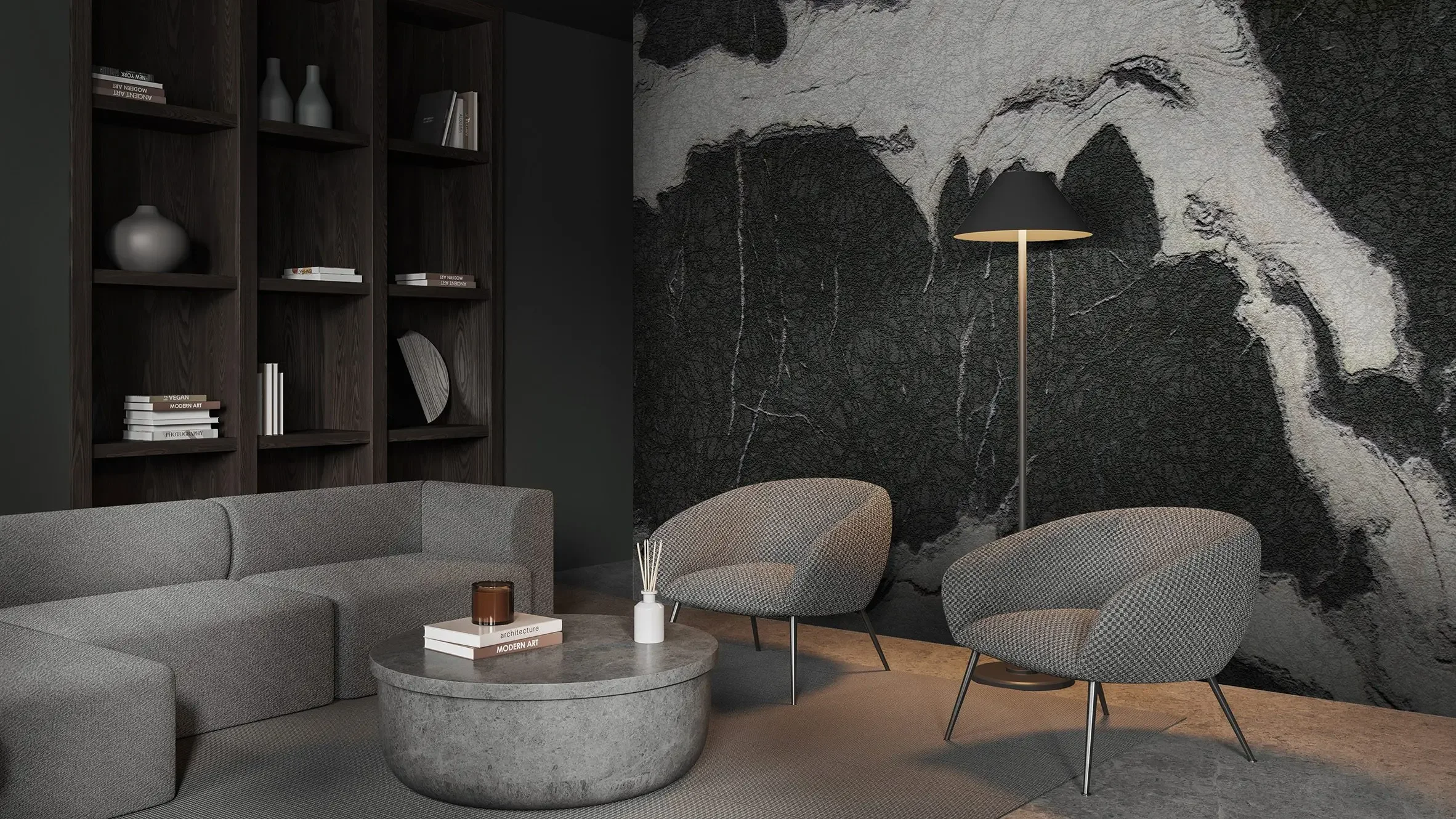 Dramatic, high-contrast natural stone accent wall from the Antolini Textures+ Collection, embodying the Haute Nature concept, supplied by PietraCasa.